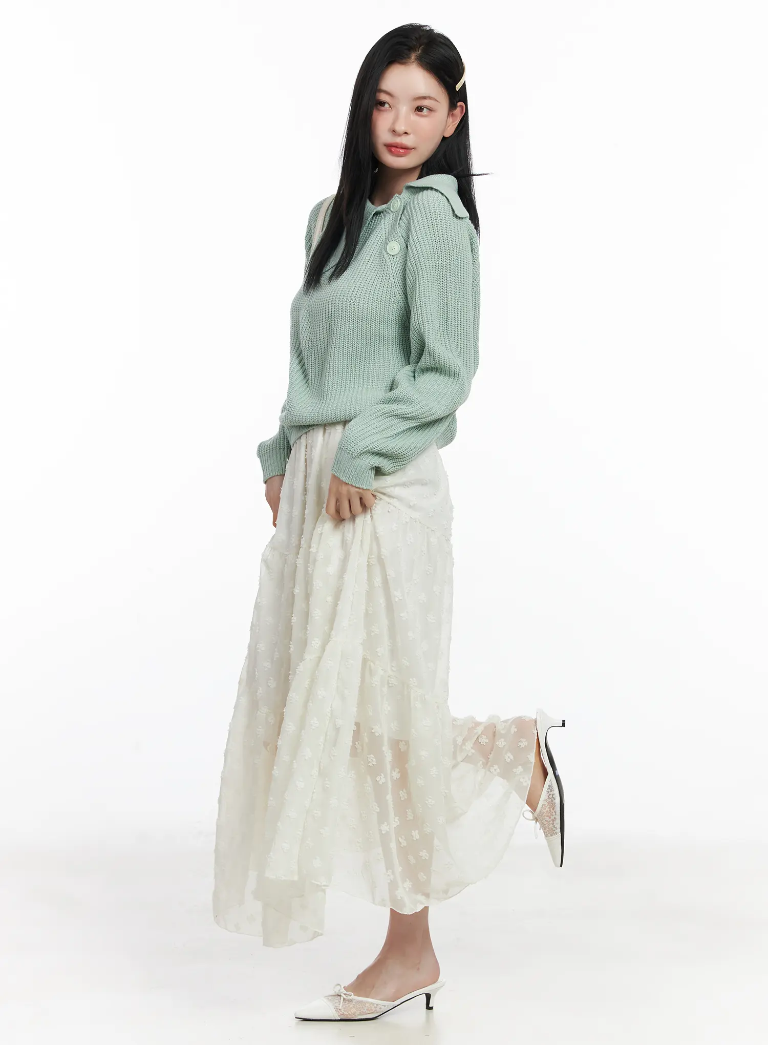 Diagonal Button Collar Knit Top CJ519 - Image 3