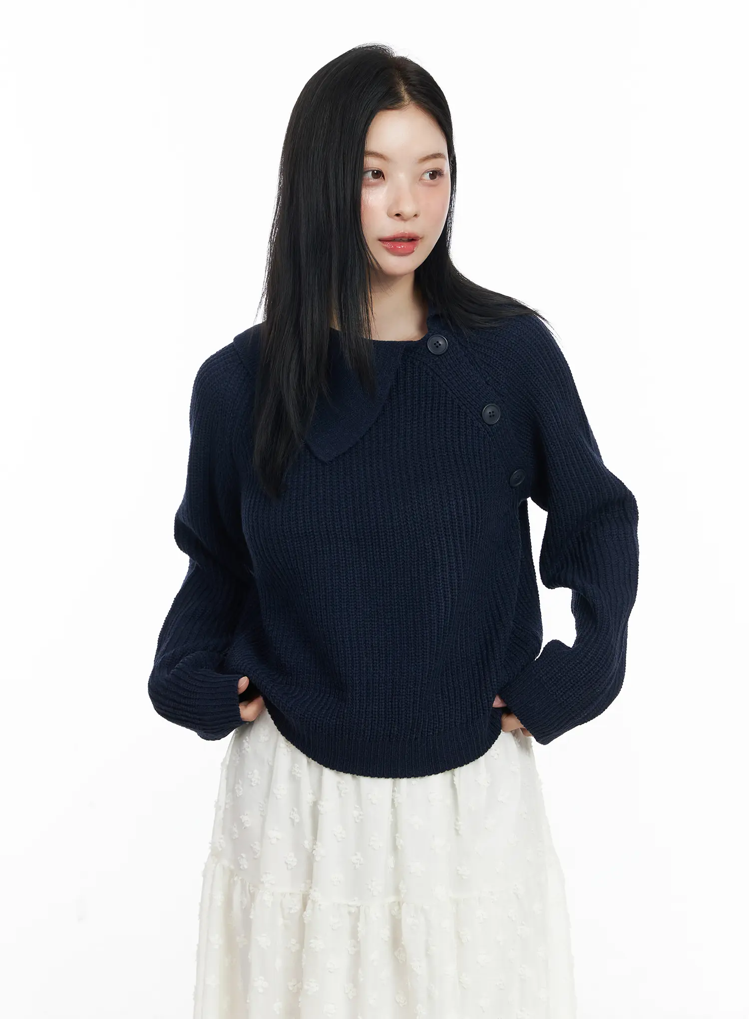 Diagonal Button Collar Knit Top CJ519 - Image 9