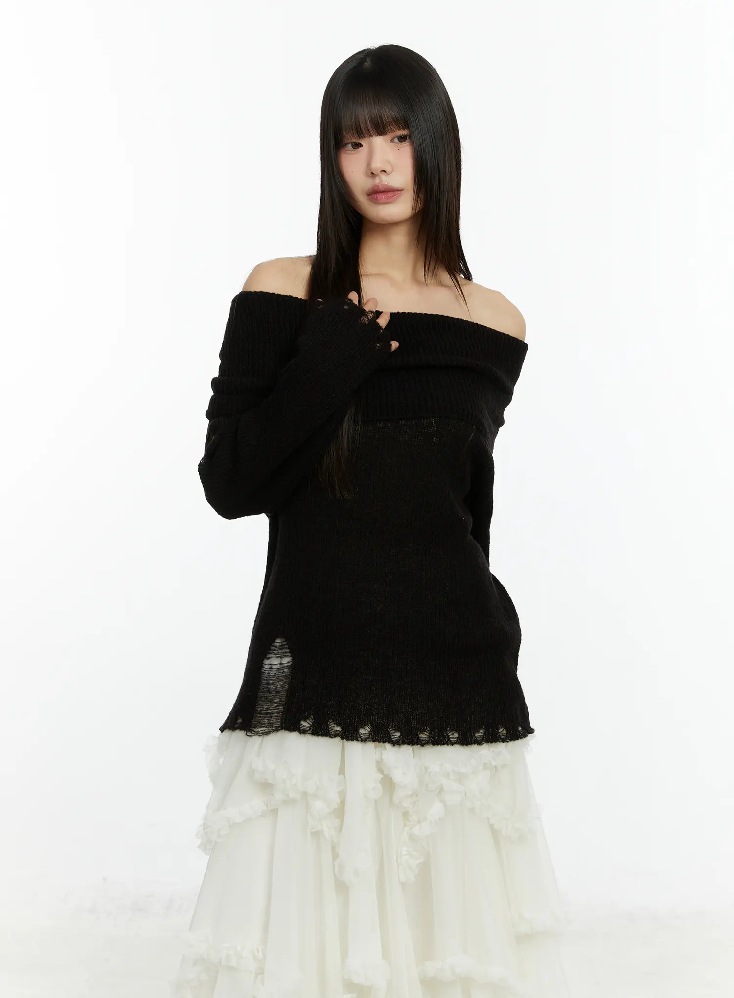 Distressed Off-Shoulder Knit Top CF510 - Image 12