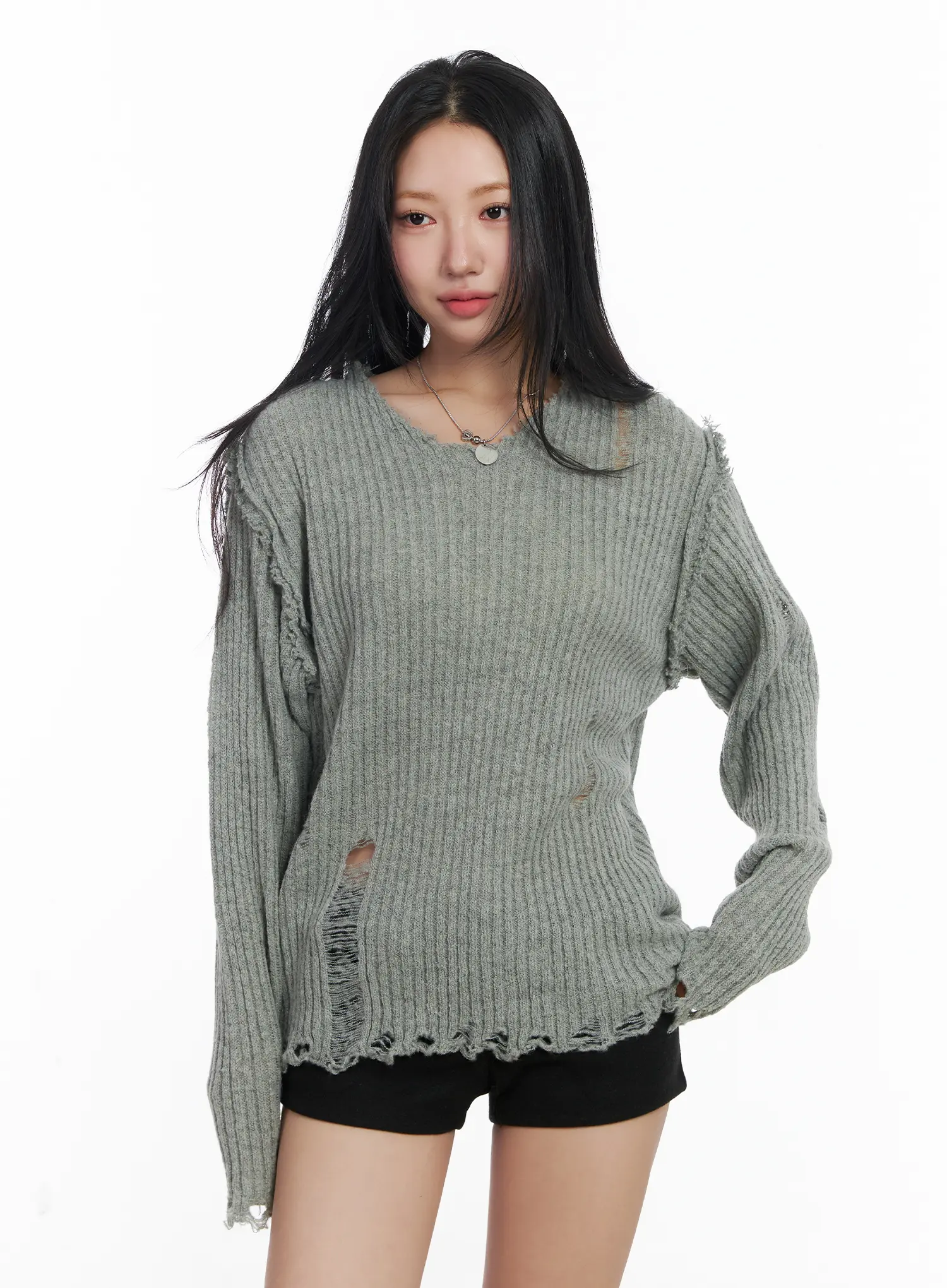 Distressed Oversized V-Neck Sweater CJ515 - Image 2