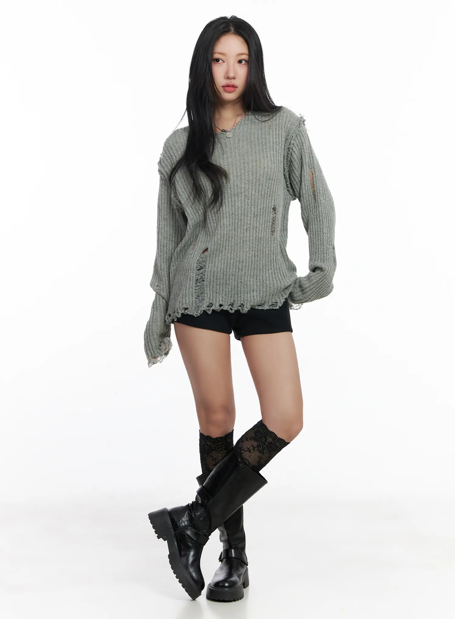 Distressed Oversized V-Neck Sweater CJ515 - Image 8