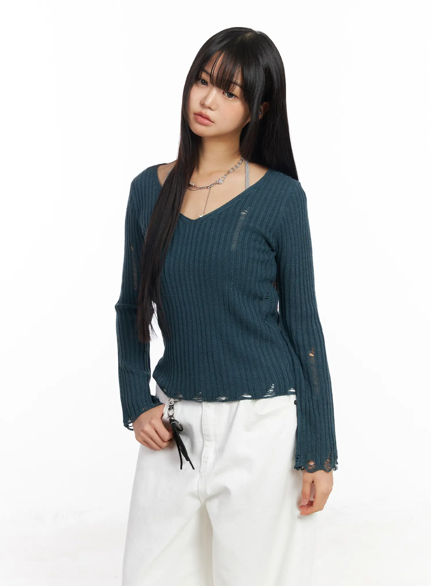 Distressed V-Neck Knit Sweater CF504 - Image 5