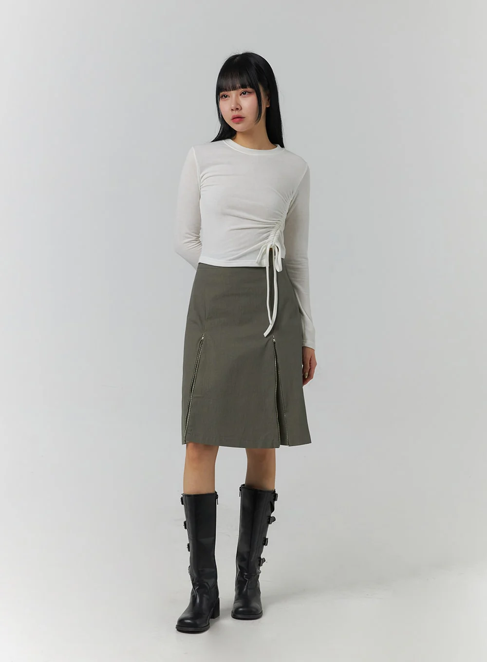 Drawstring Long Sleeve Round Neck Tee CJ419 - Image 2