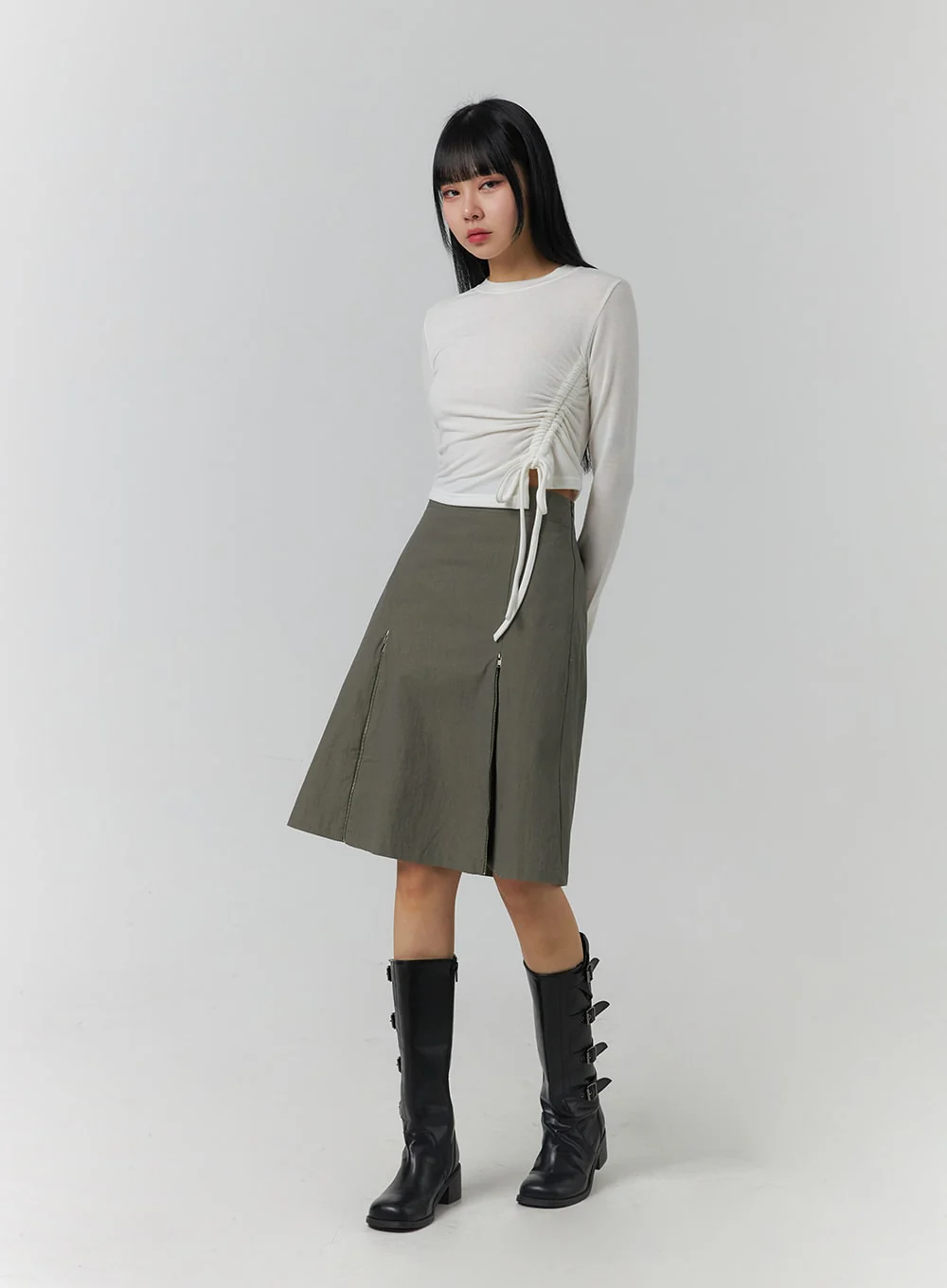 Drawstring Long Sleeve Round Neck Tee CJ419 - Image 3