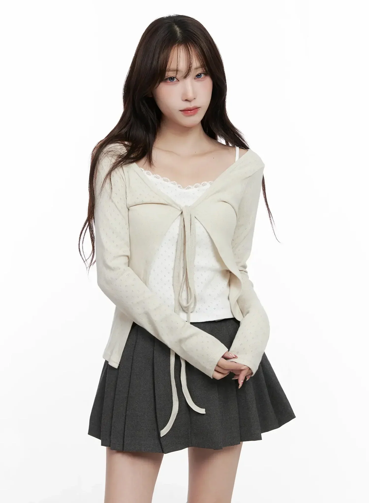 Elegant Tie-Front Ribbon Cardigan IN514 - Image 5