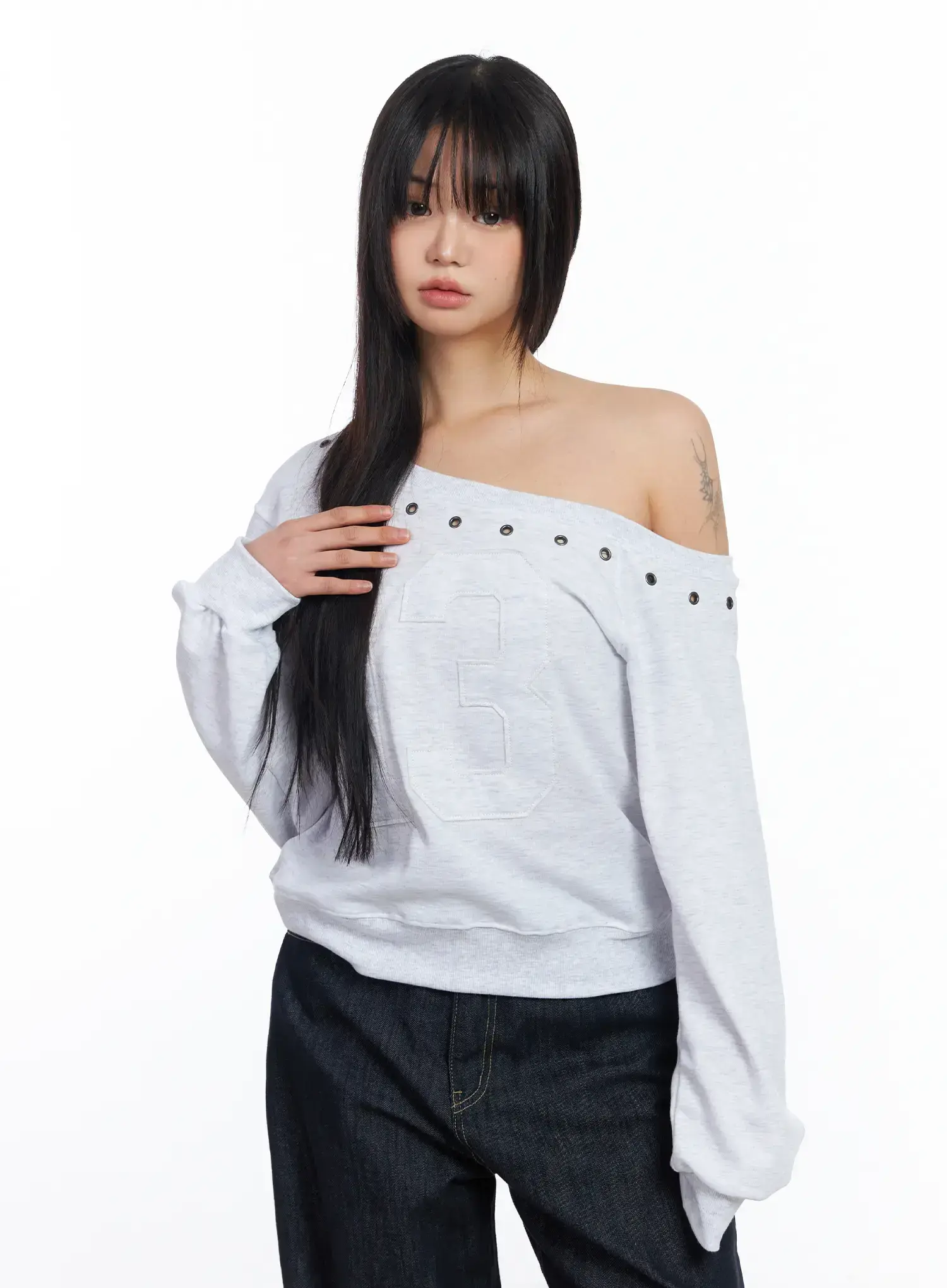 Eyelet Trimmed Off-Shoulder Sweatshirt CF504 - Image 6