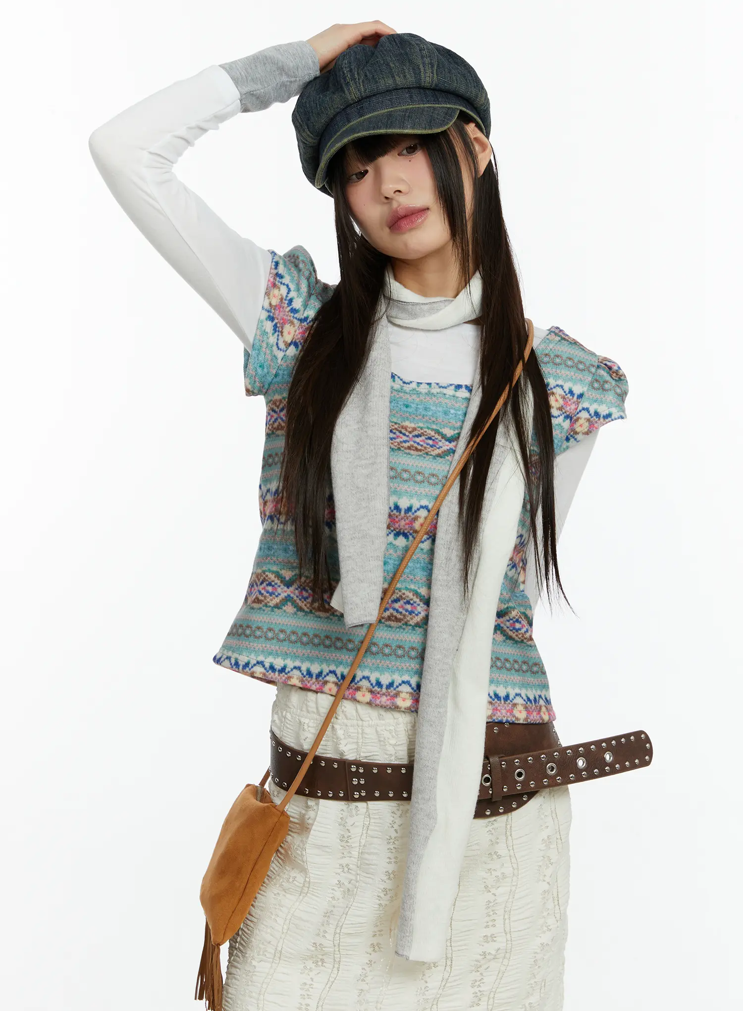 Fair Isle Puff Short Sleeve Top CF509