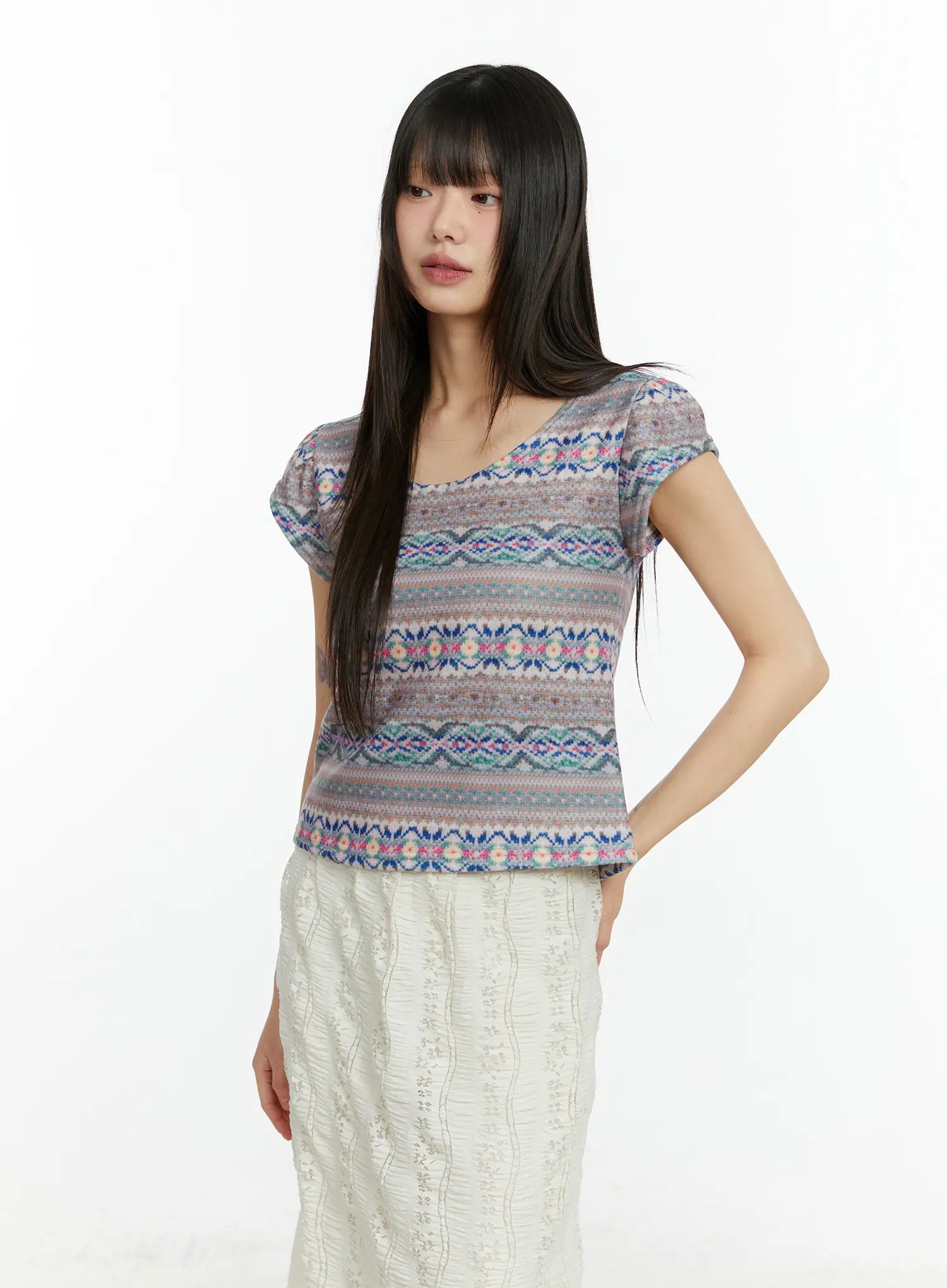 Fair Isle Puff Short Sleeve Top CF509 - Image 10