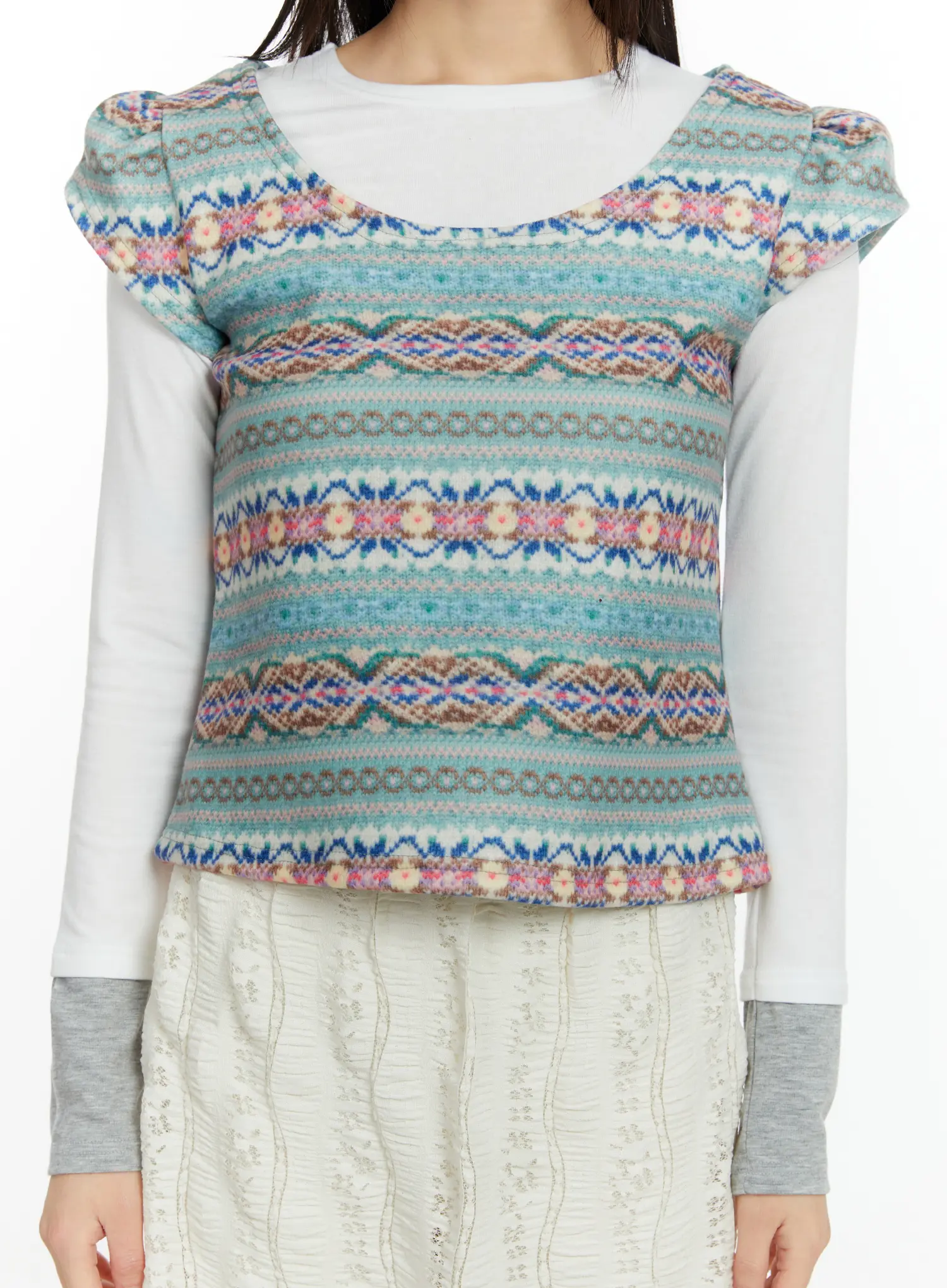 Fair Isle Puff Short Sleeve Top CF509 - Image 8