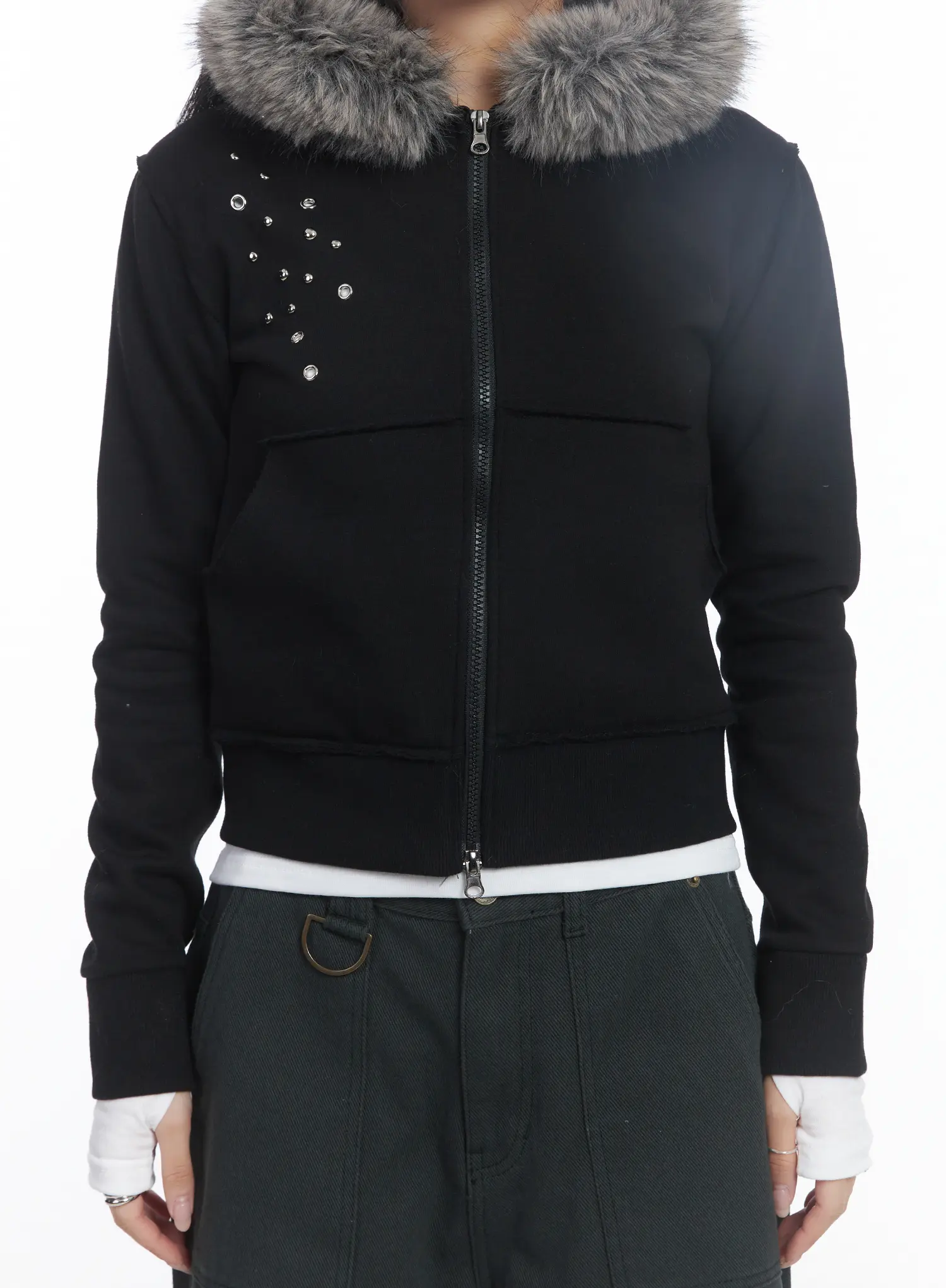 Faux Fur Fleece Eyelet Crop Hoodie CJ514 - Image 4