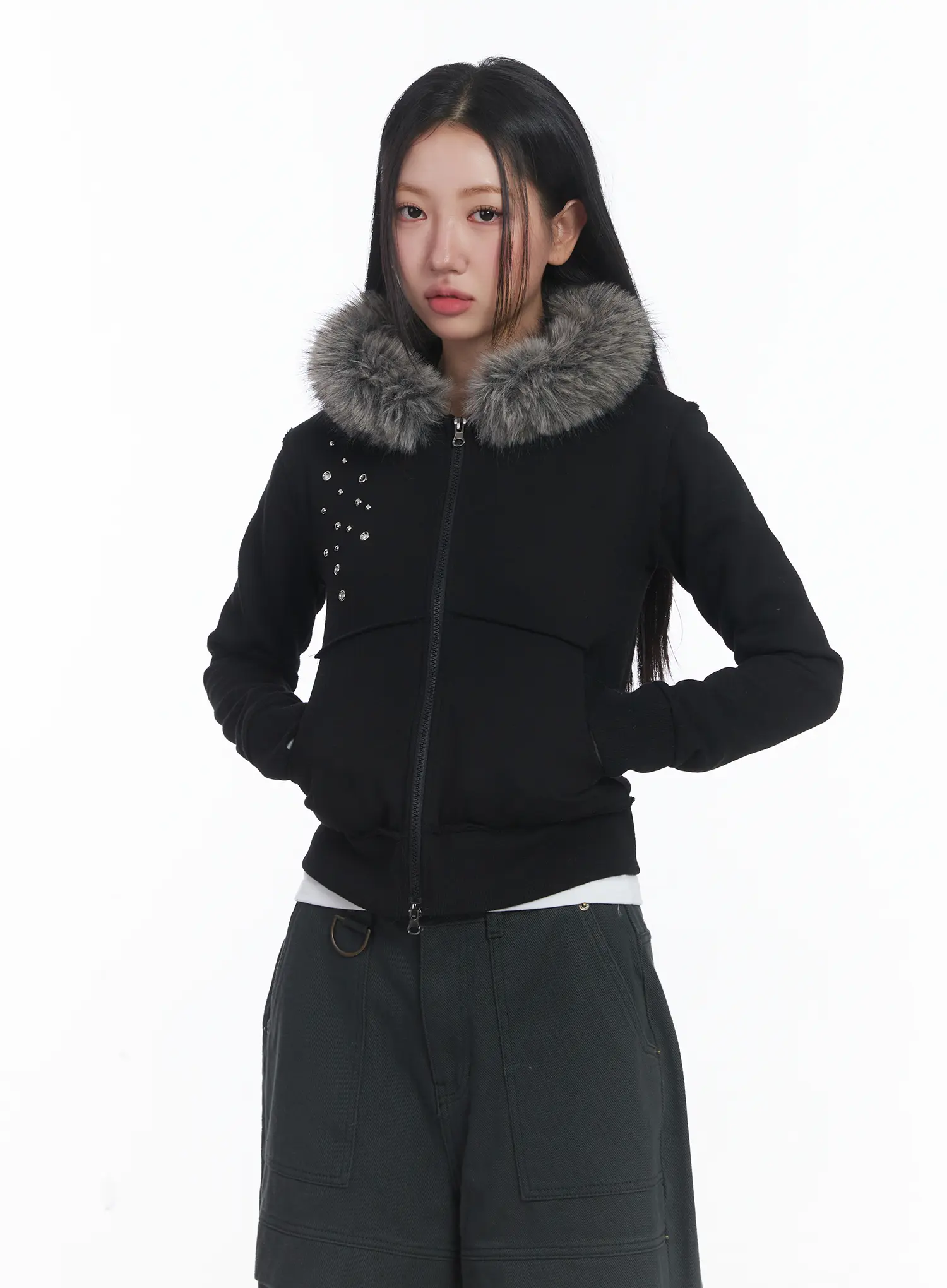 Faux Fur Fleece Eyelet Crop Hoodie CJ514 - Image 5