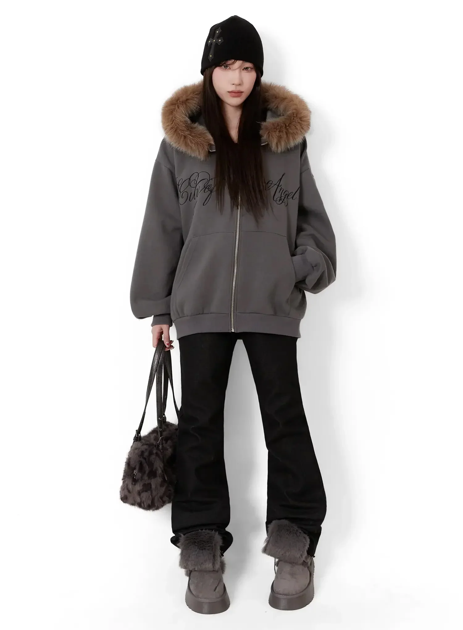 Faux Fur Printed Zip-Up Hoodie ID531 - Image 2