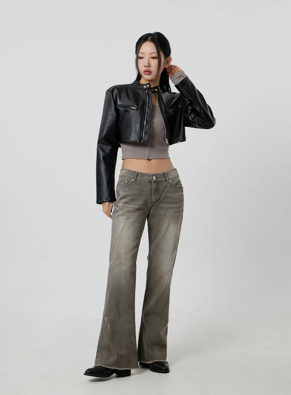 Faux Leather Cropped Zip-Up Jacket CF301 - Image 10