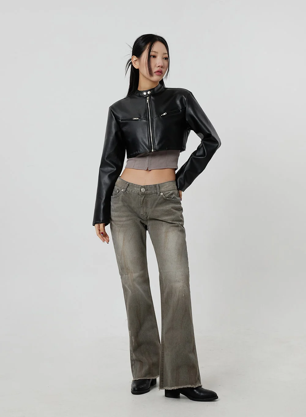 Faux Leather Cropped Zip-Up Jacket CF301 - Image 13