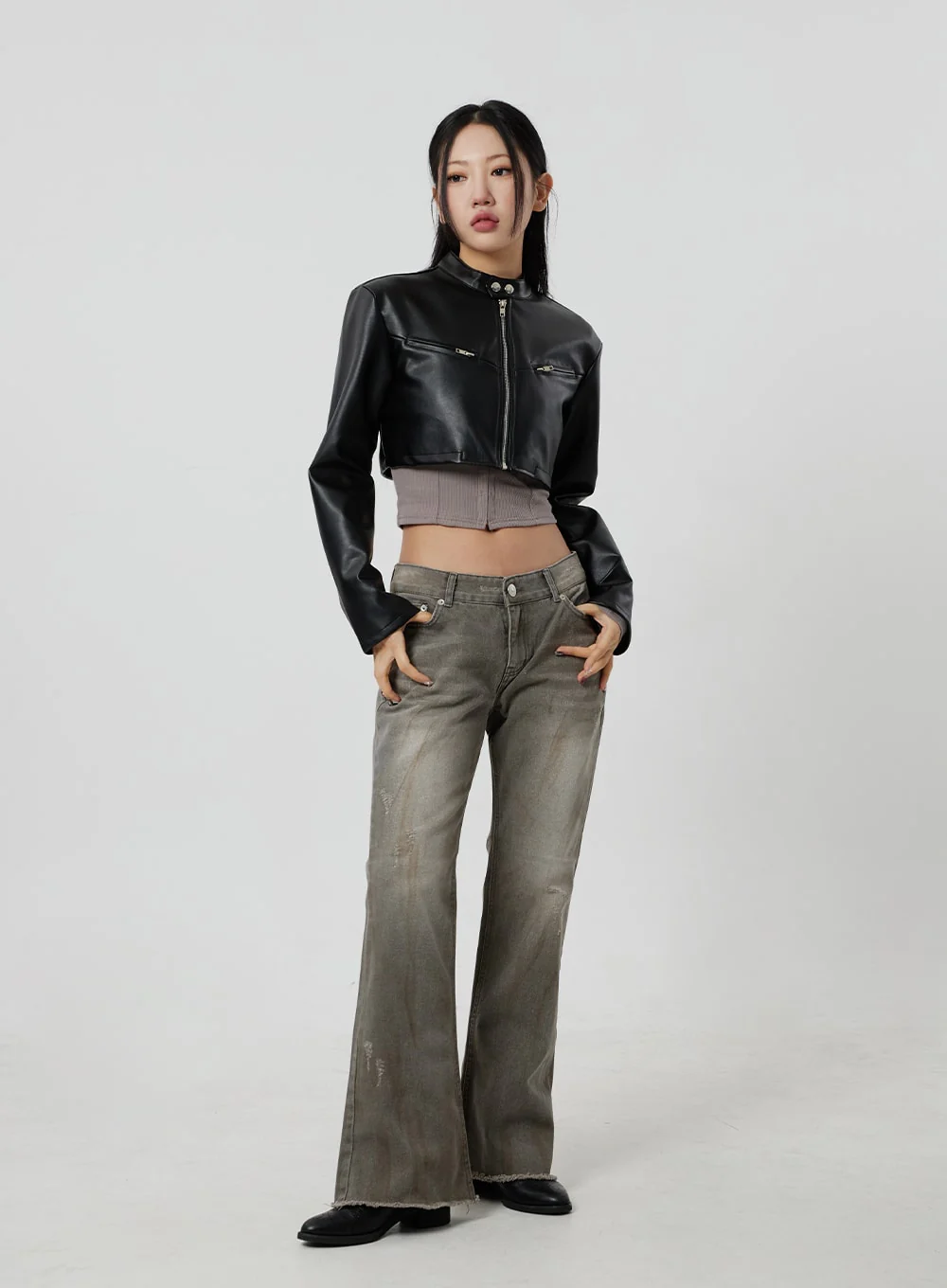 Faux Leather Cropped Zip-Up Jacket CF301 - Image 3
