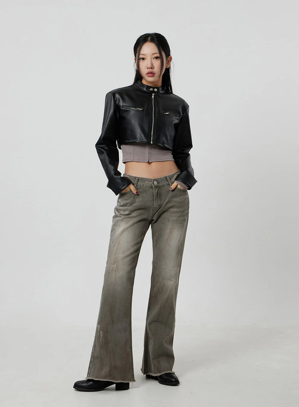 Faux Leather Cropped Zip-Up Jacket CF301 - Image 4