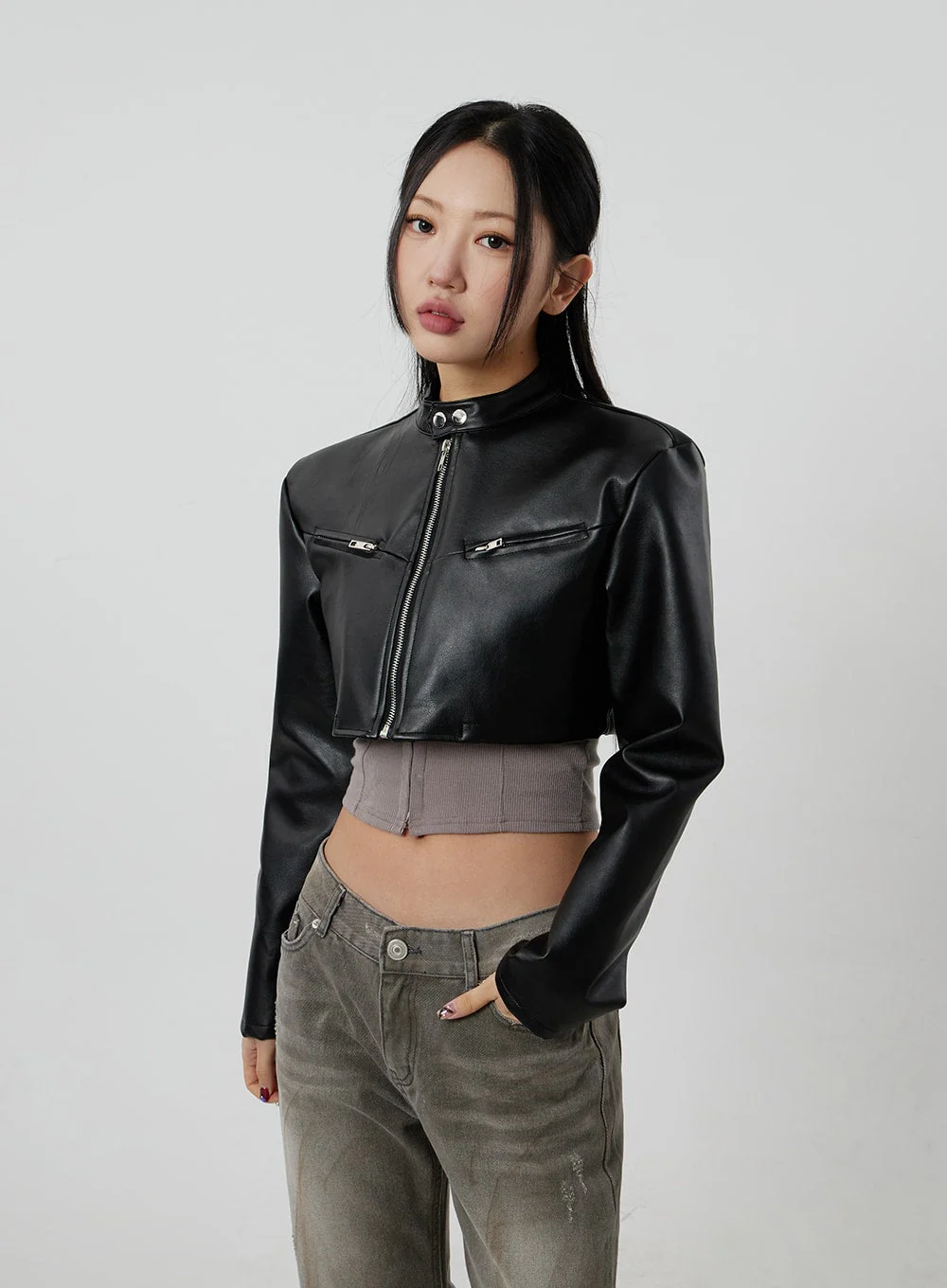 Faux Leather Cropped Zip-Up Jacket CF301 - Image 5