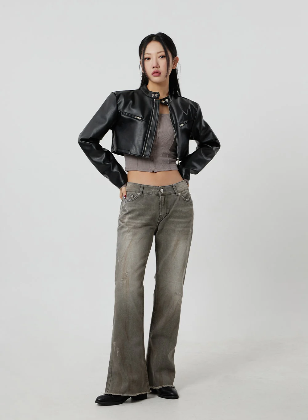 Faux Leather Cropped Zip-Up Jacket CF301 - Image 7