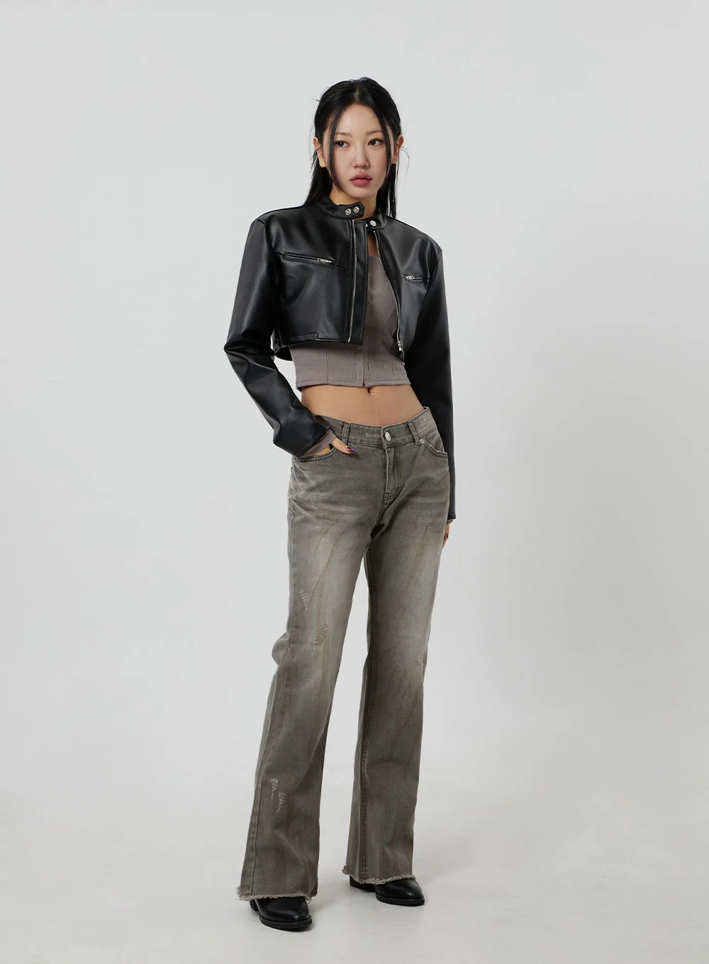 Faux Leather Cropped Zip-Up Jacket CF301 - Image 8