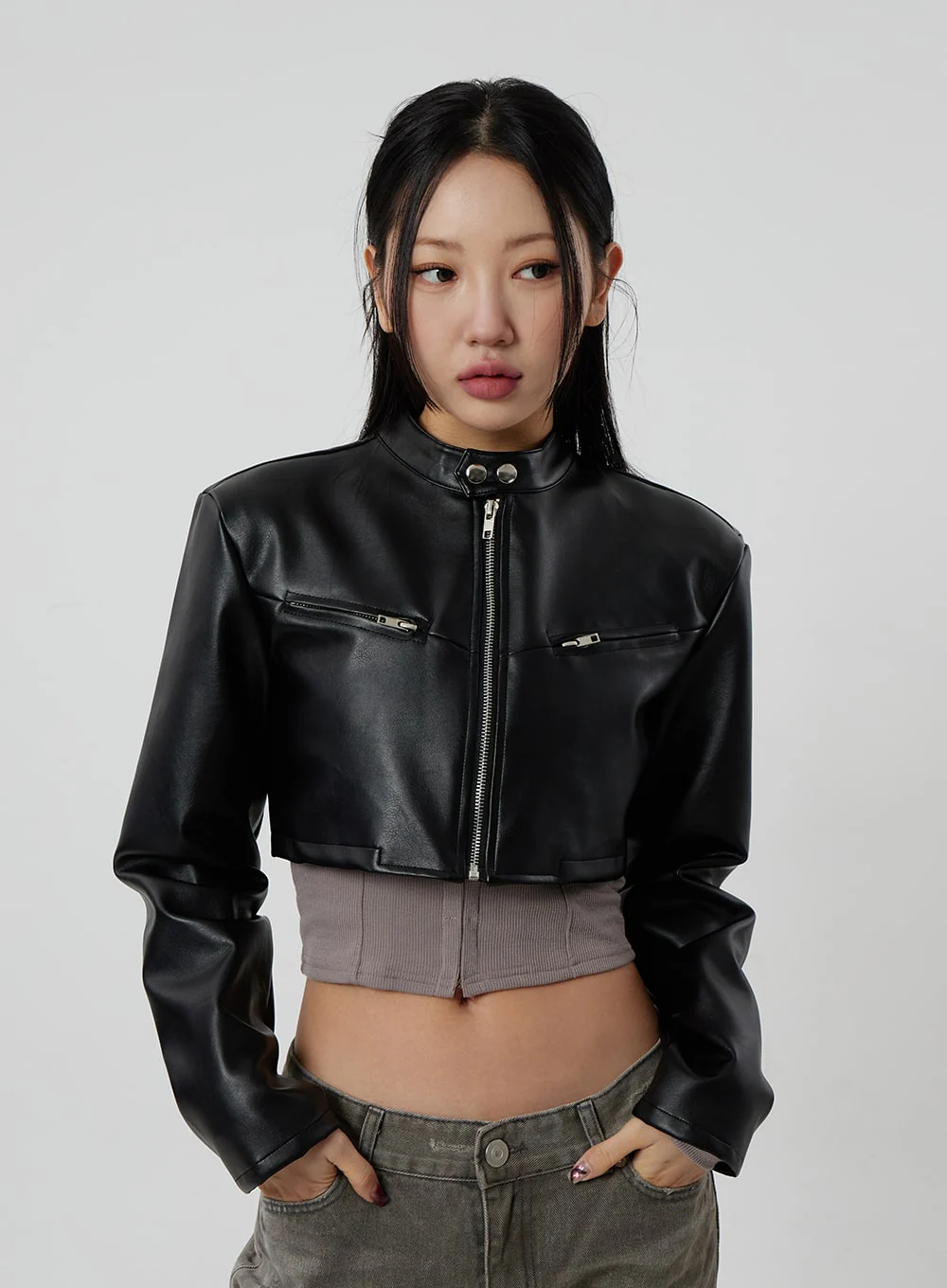 Faux Leather Cropped Zip-Up Jacket CF301 - Image 9