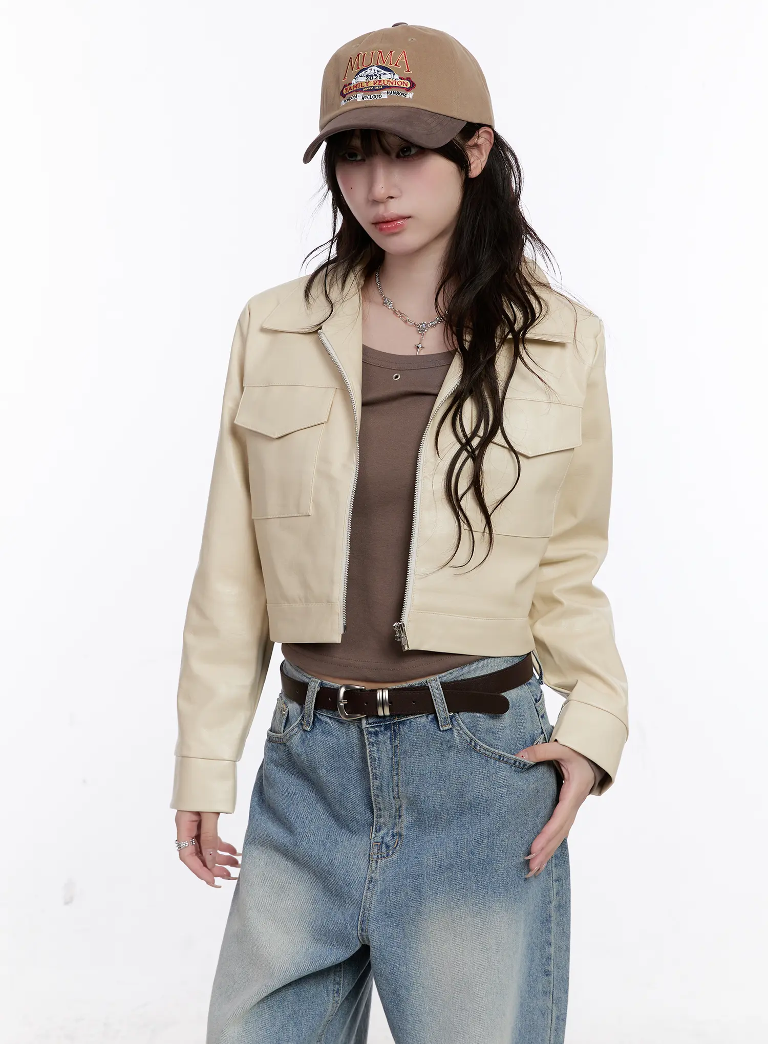 Faux Leather Cropped Zip-Up Jacket CS530