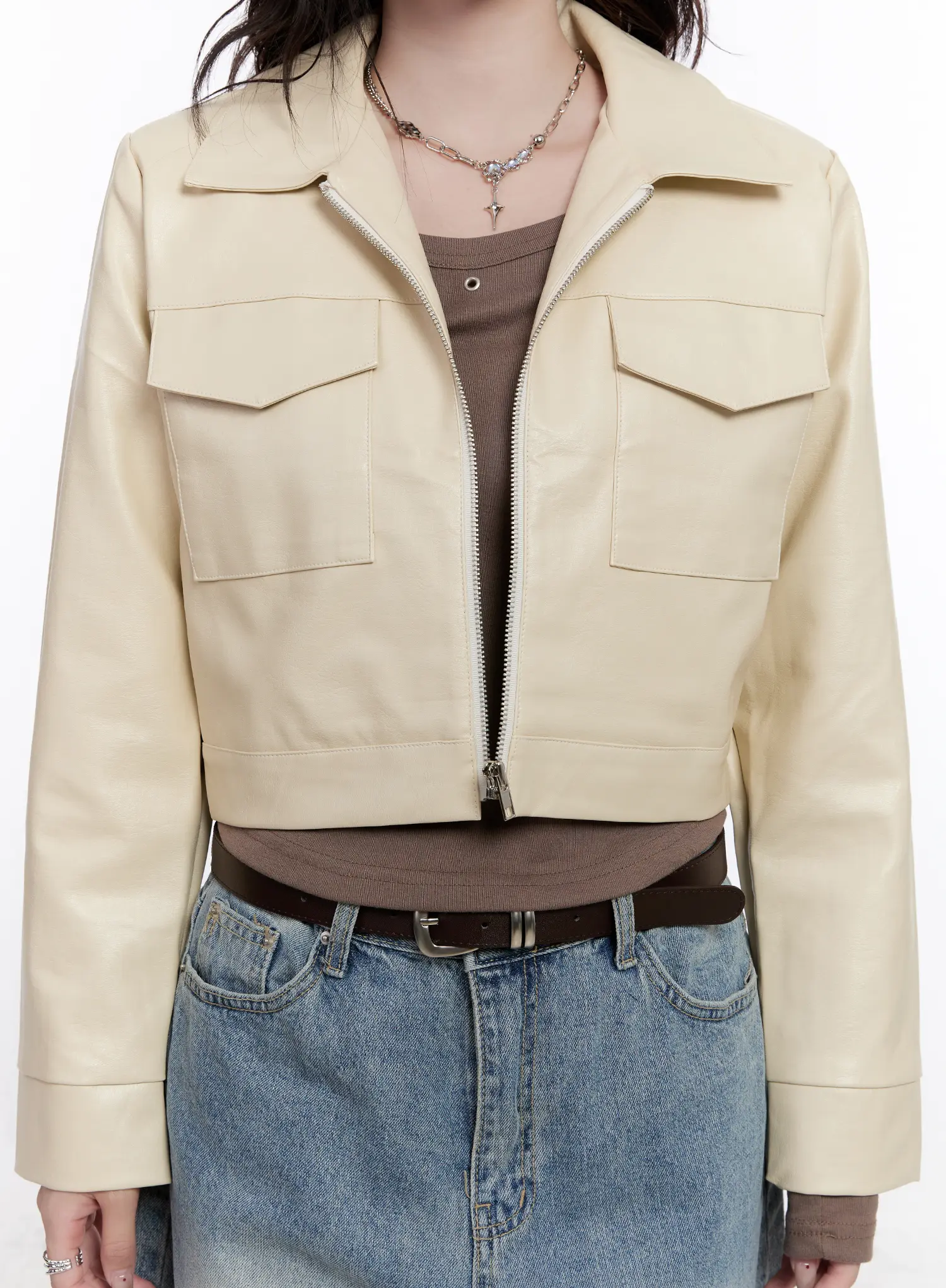 Faux Leather Cropped Zip-Up Jacket CS530 - Image 4