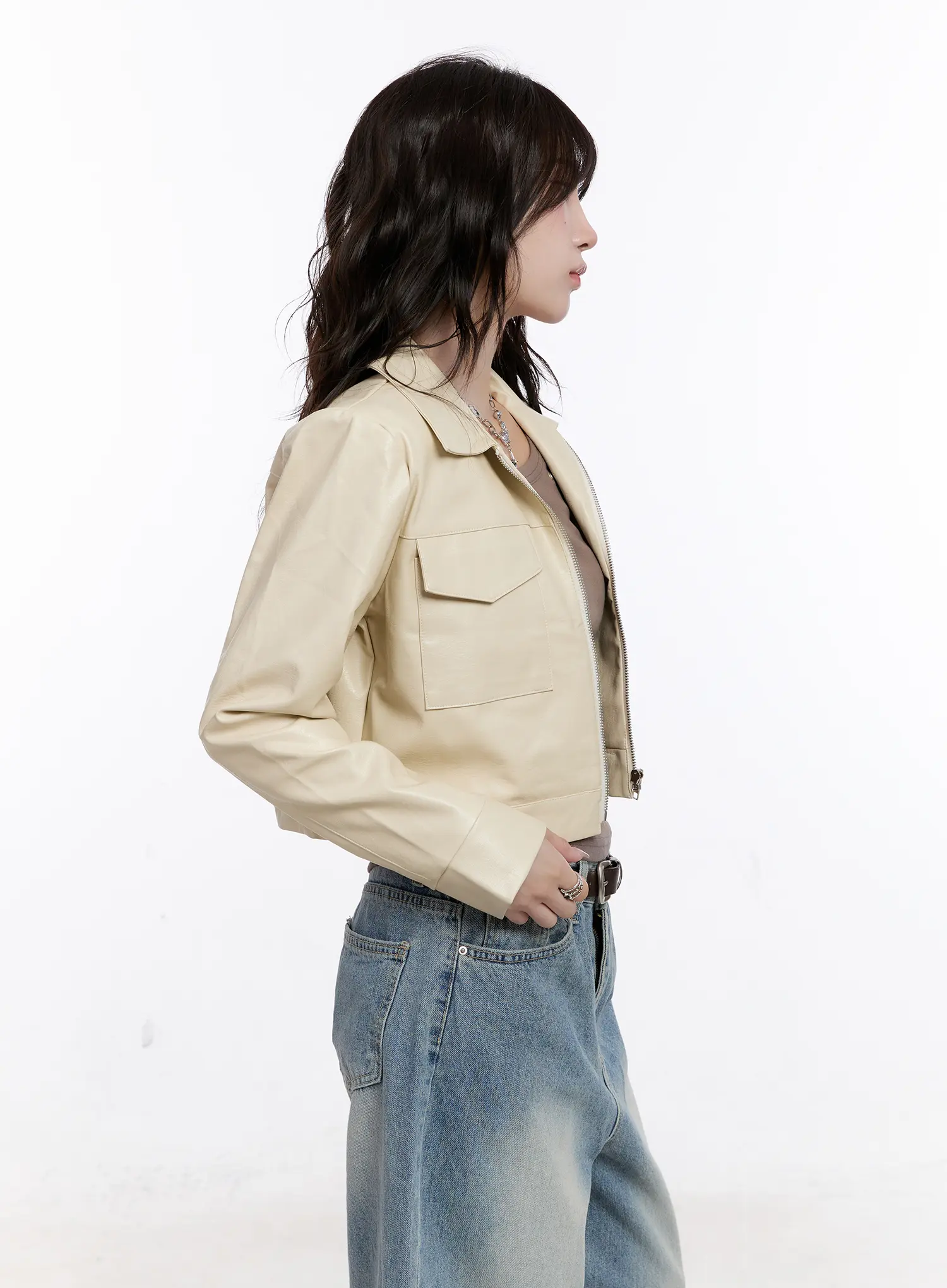 Faux Leather Cropped Zip-Up Jacket CS530 - Image 7