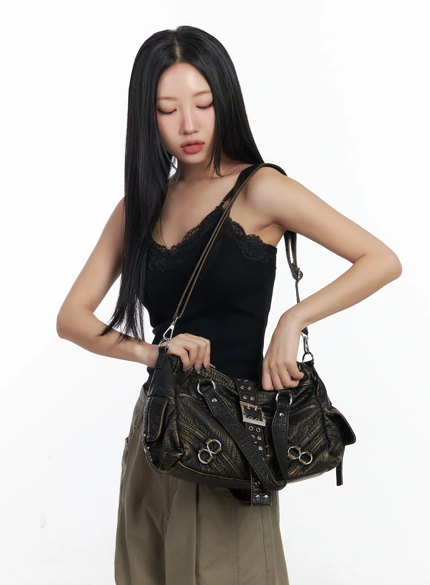 Faux-Leather Eyelet Belted Crossbody Bag CF503 - Image 2