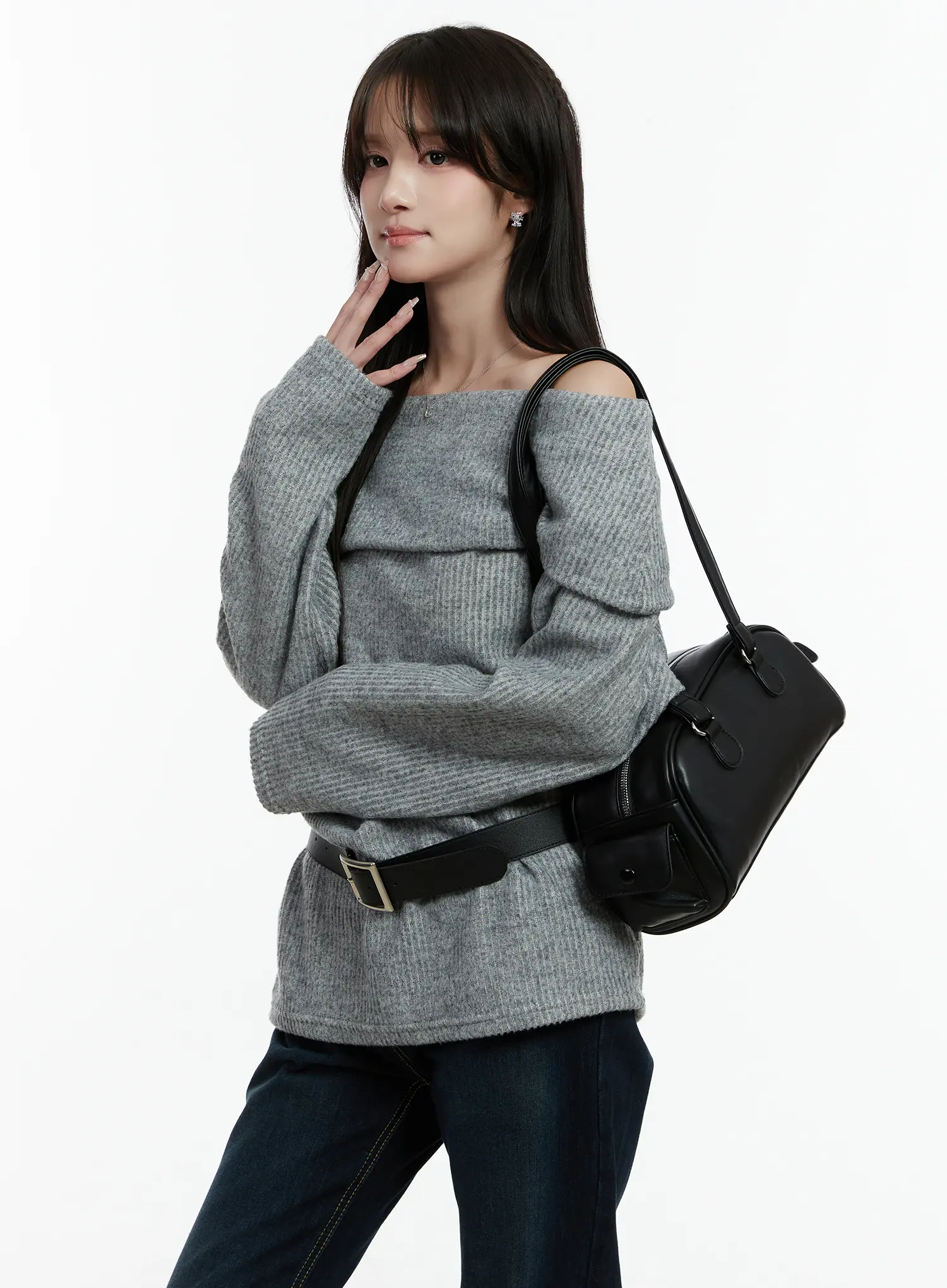 Fleece Ribbed Off-Shoulder Knit Top CD523