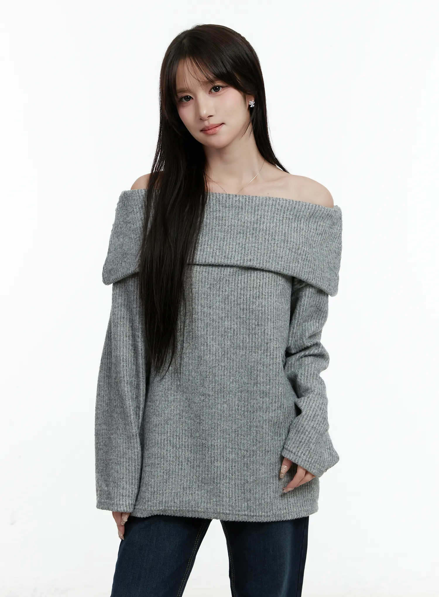 Fleece Ribbed Off-Shoulder Knit Top CD523 - Image 2