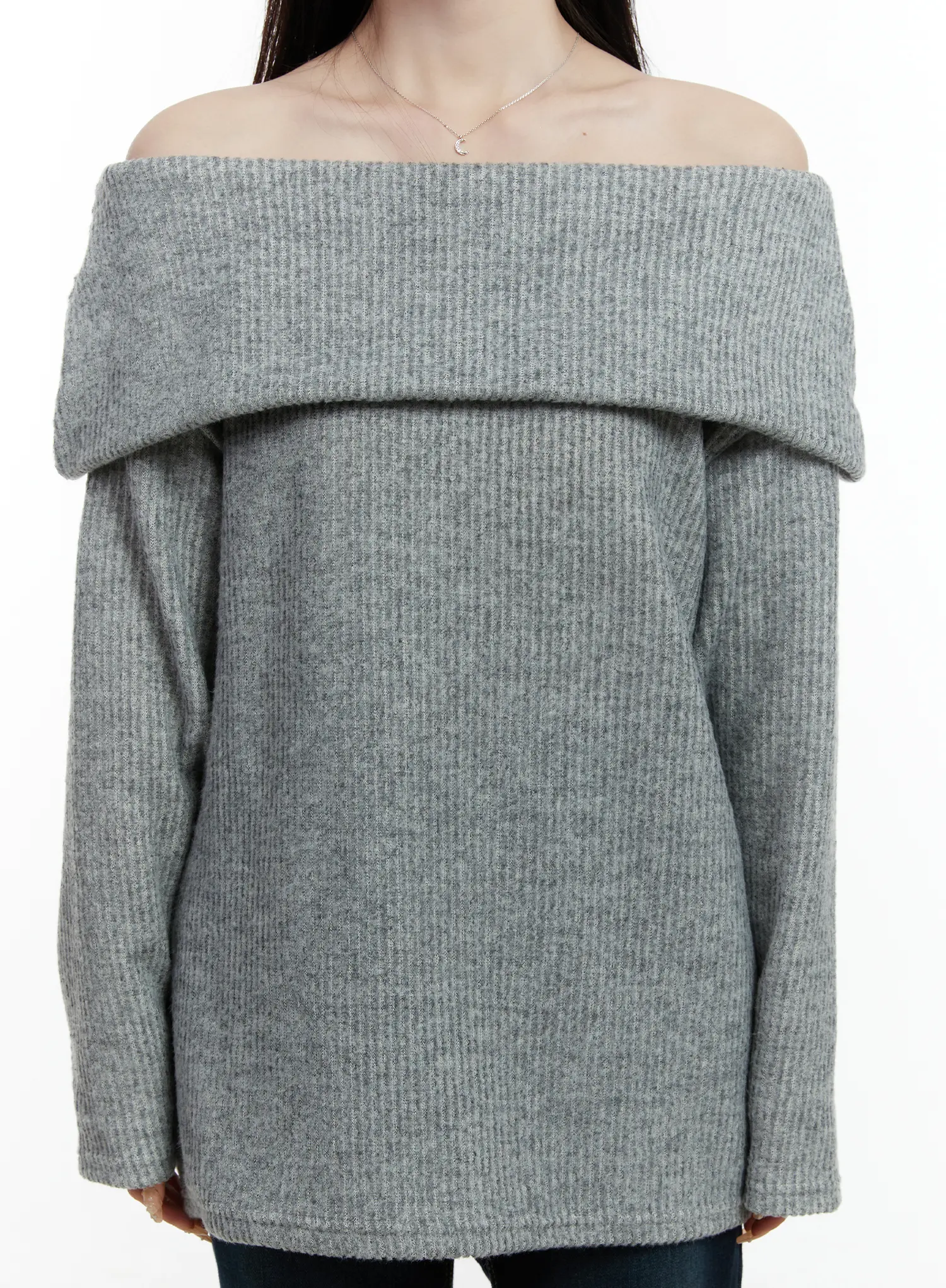 Fleece Ribbed Off-Shoulder Knit Top CD523 - Image 4