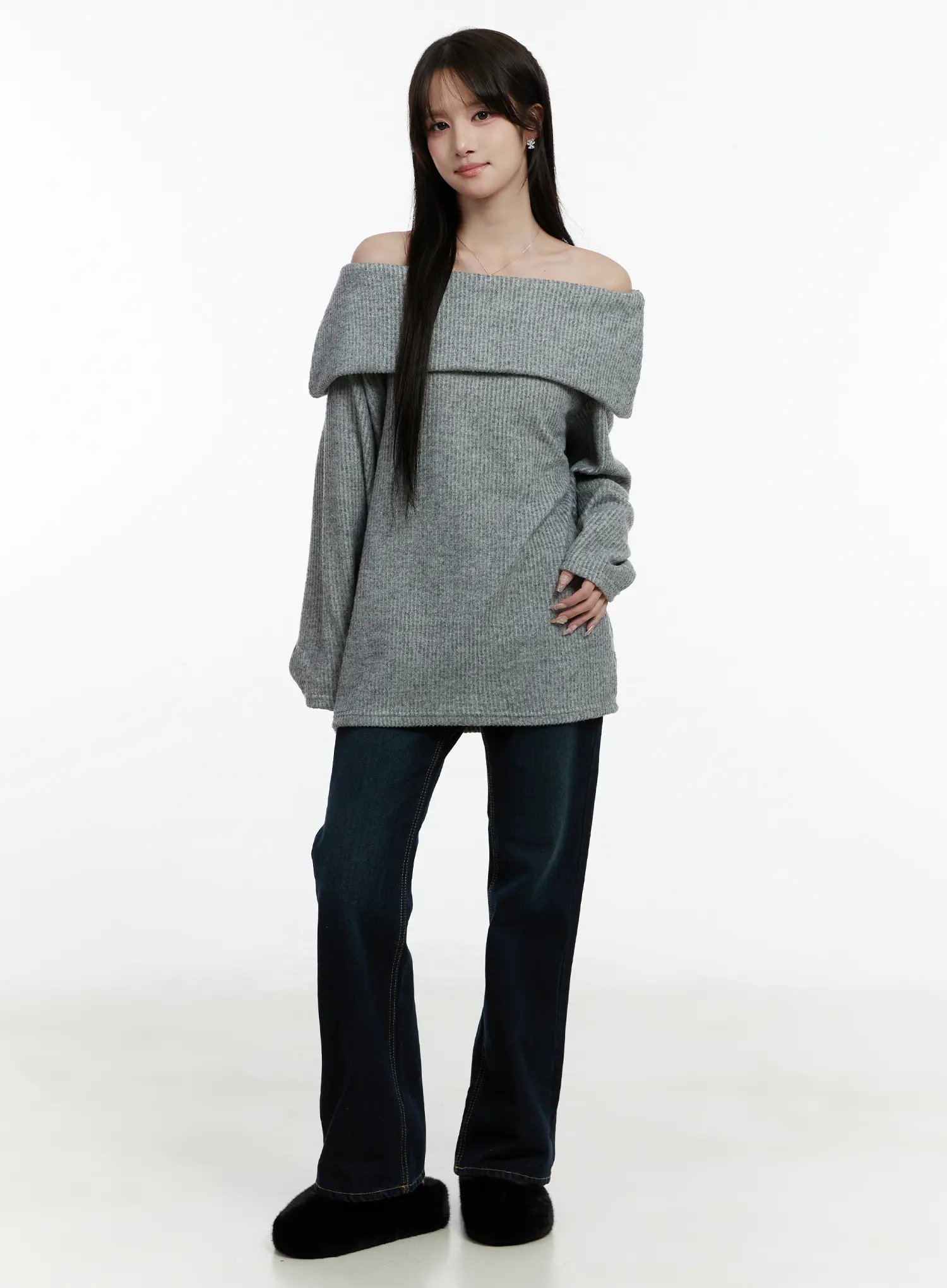 Fleece Ribbed Off-Shoulder Knit Top CD523 - Image 6