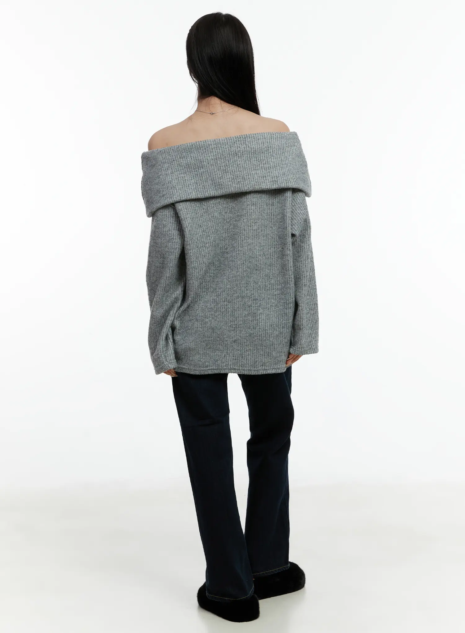 Fleece Ribbed Off-Shoulder Knit Top CD523 - Image 9