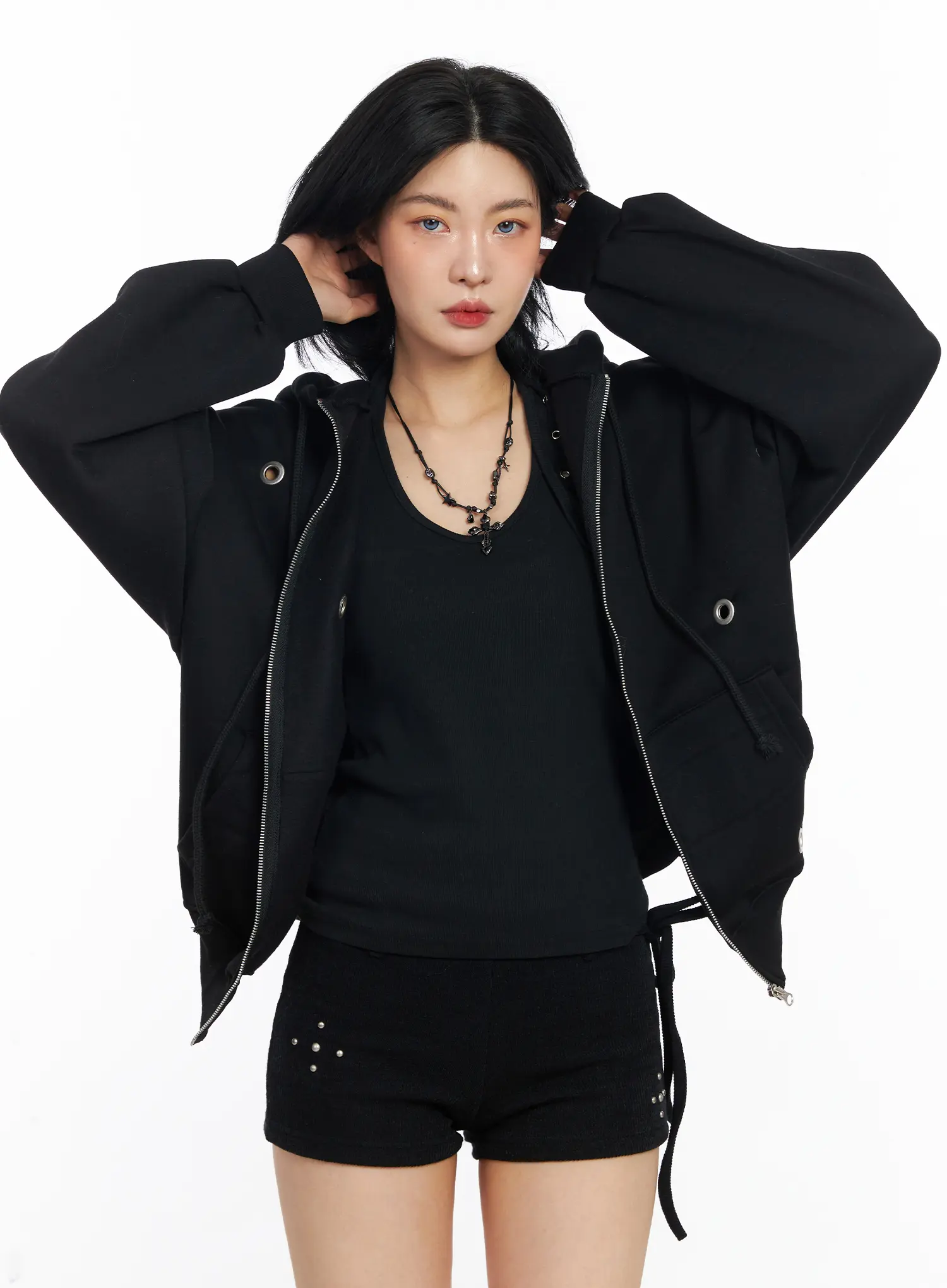 Fleeced Over-Fit Eyelet Zip-Up Hoodie CJ522 - Image 10
