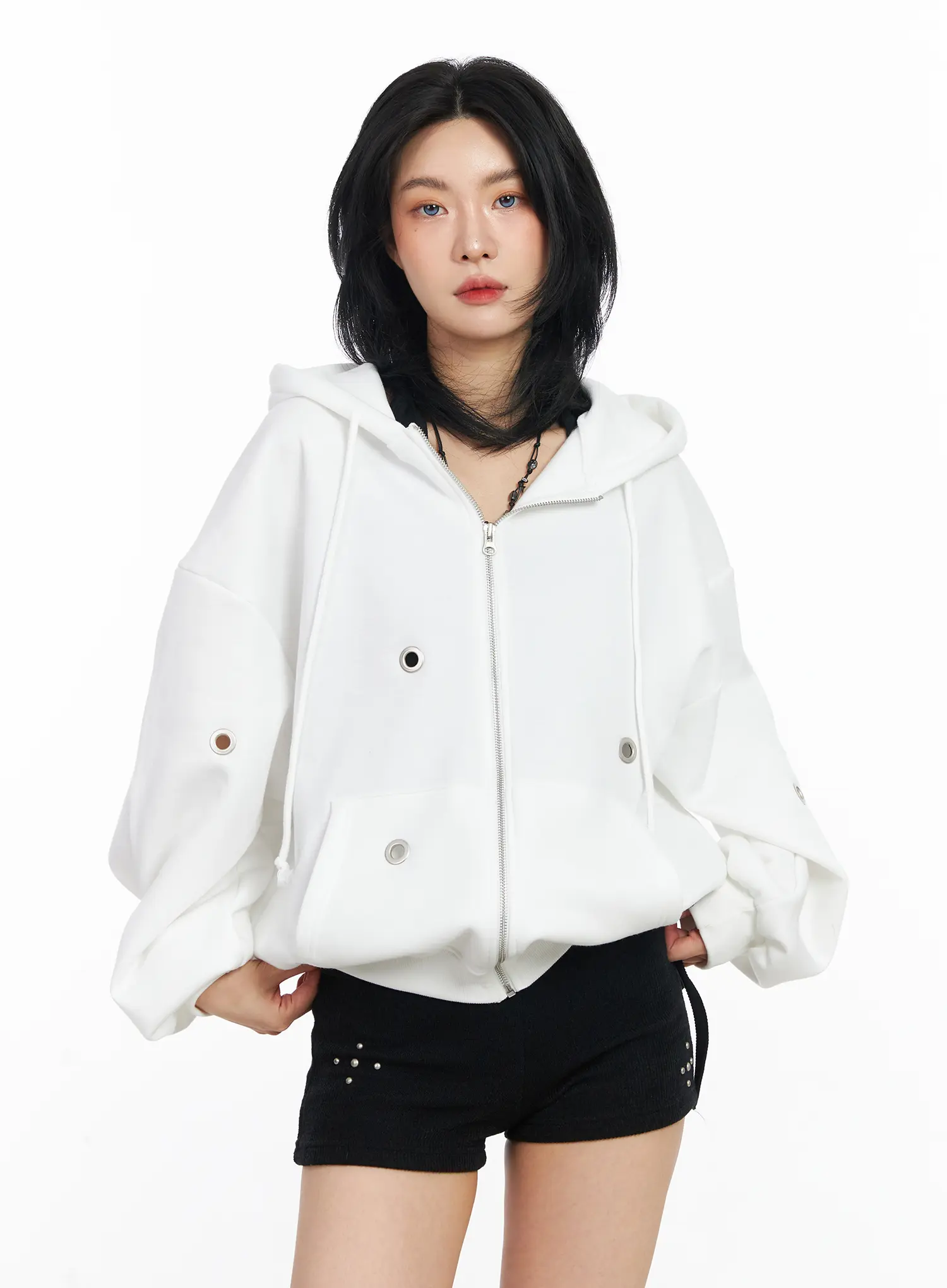 Fleeced Over-Fit Eyelet Zip-Up Hoodie CJ522 - Image 2