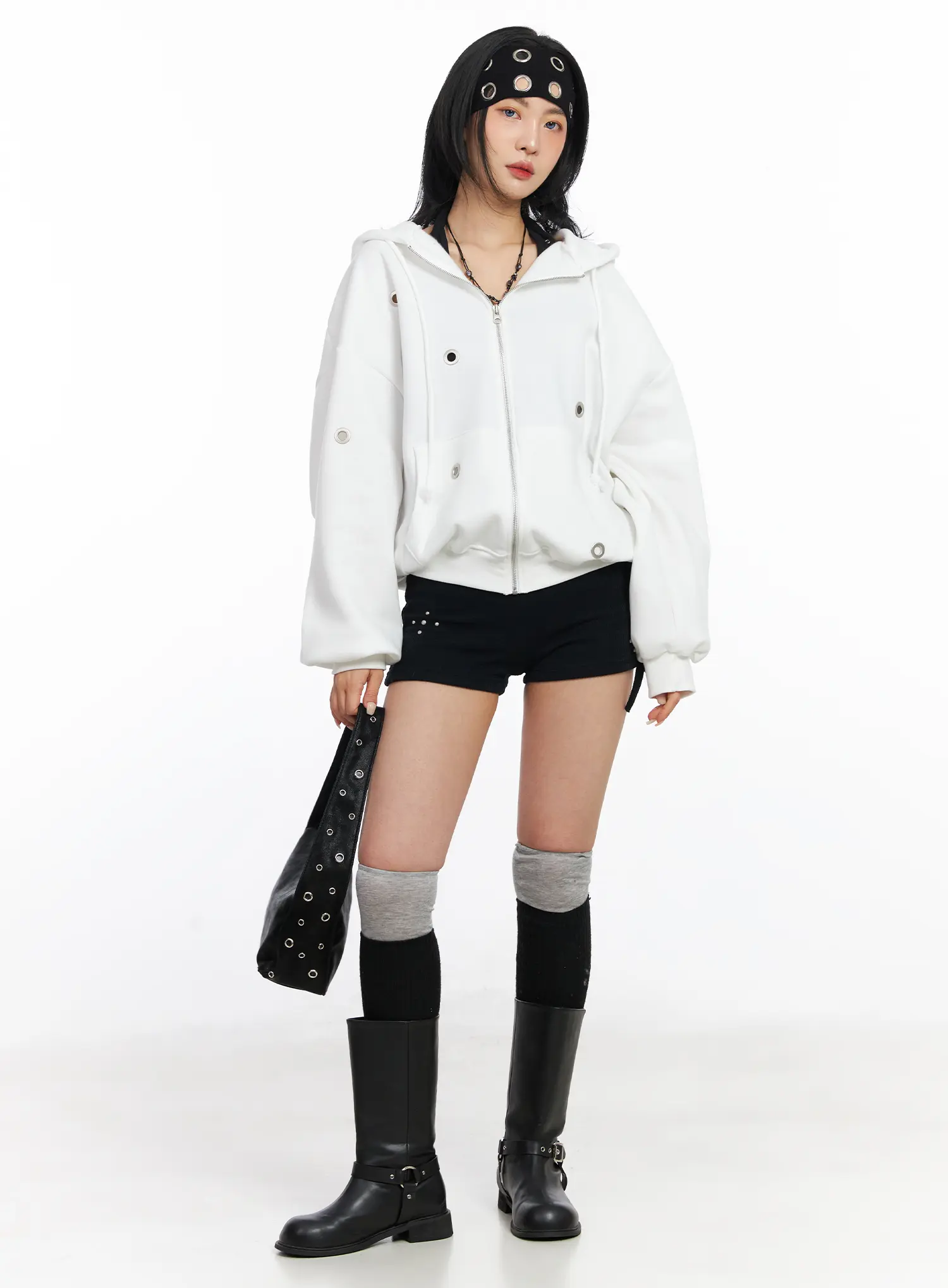 Fleeced Over-Fit Eyelet Zip-Up Hoodie CJ522 - Image 3