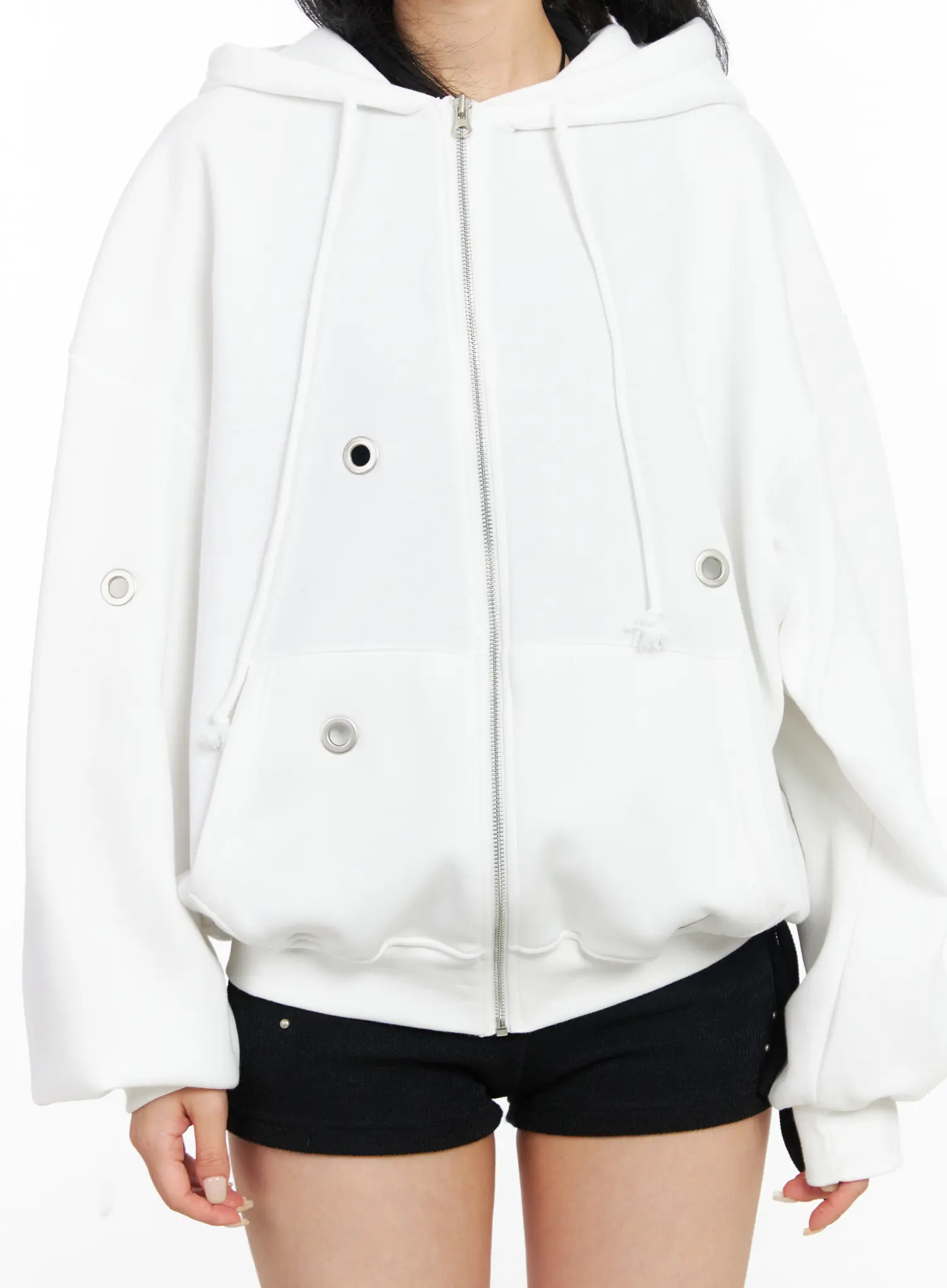 Fleeced Over-Fit Eyelet Zip-Up Hoodie CJ522 - Image 4