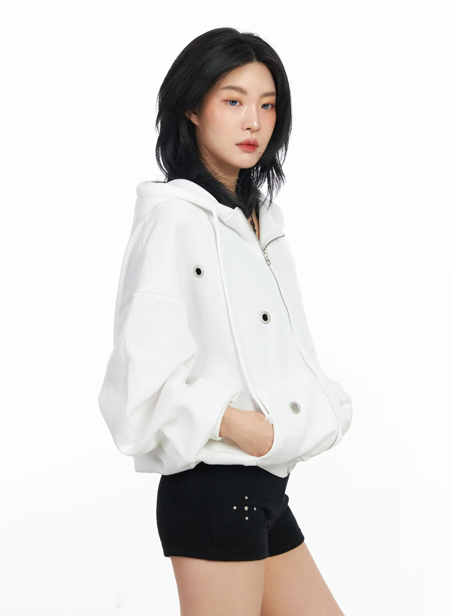Fleeced Over-Fit Eyelet Zip-Up Hoodie CJ522 - Image 5
