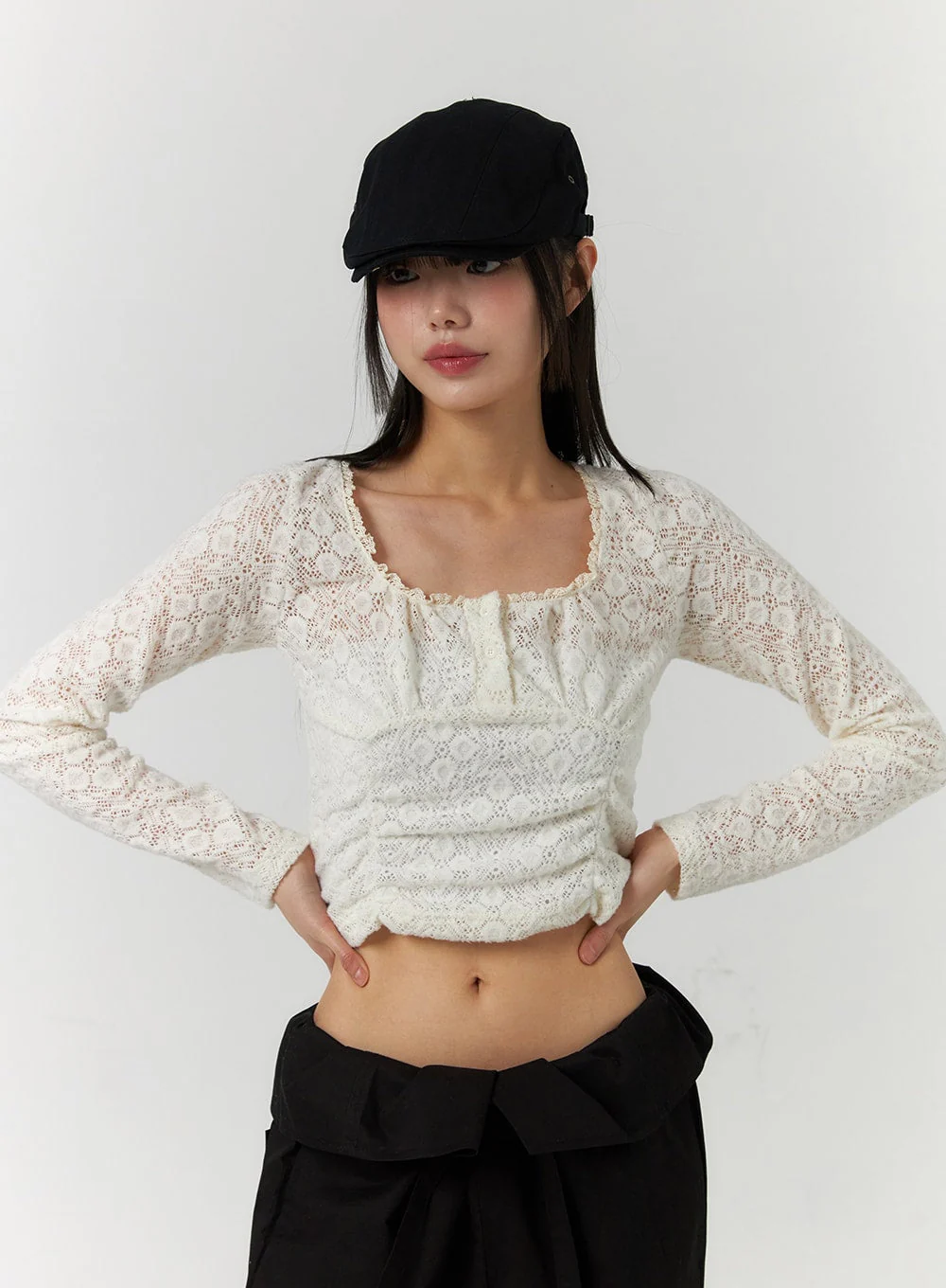 Floral Lace Round Neck Long Sleeve Top CF406 - Image 3