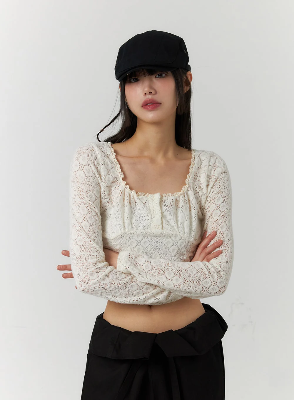 Floral Lace Round Neck Long Sleeve Top CF406 - Image 5