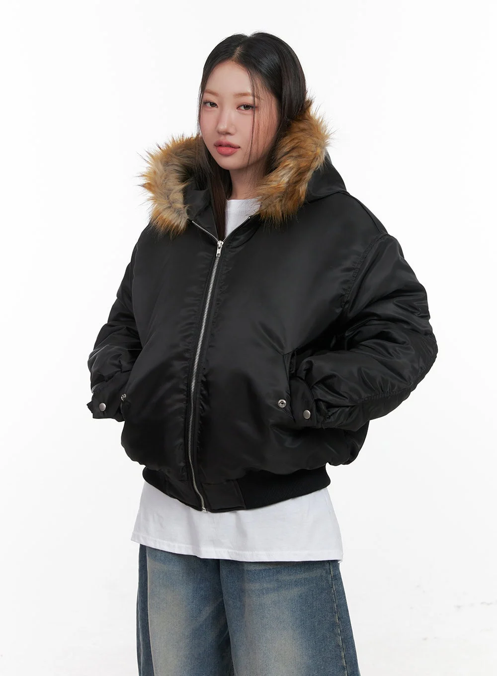 Fur Detail Hooded Bomber Jacket CD411 - Image 11