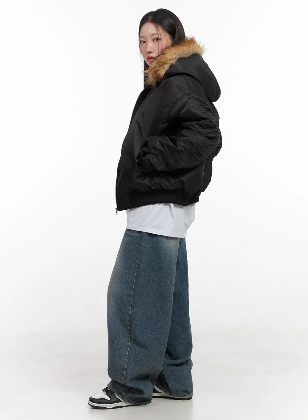 Fur Detail Hooded Bomber Jacket CD411 - Image 4