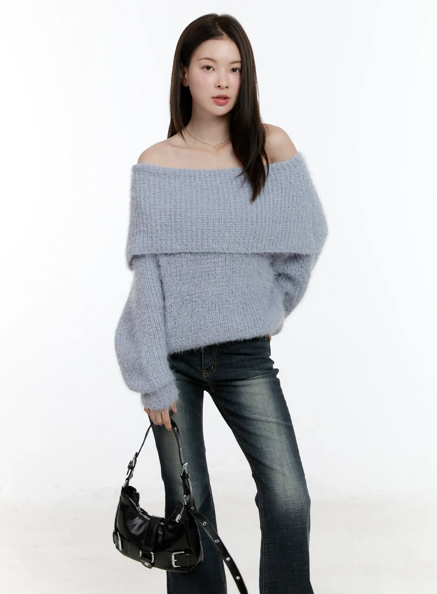 Fuzzy Off-Shoulder Knit Top ID510