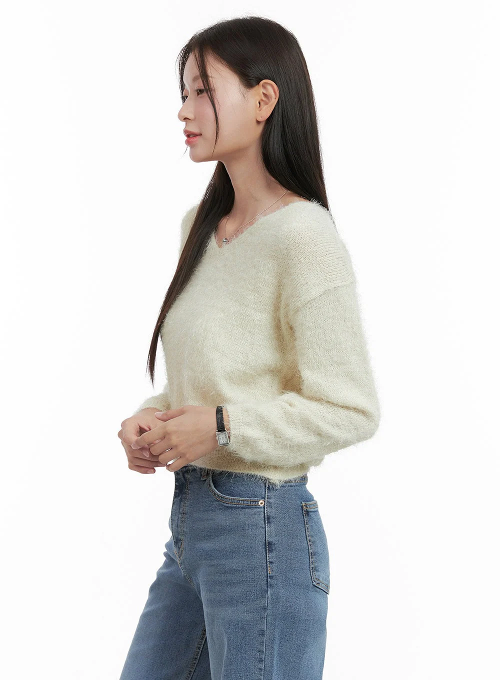 Fuzzy V-Neck Knit Sweater OG419 - Image 4