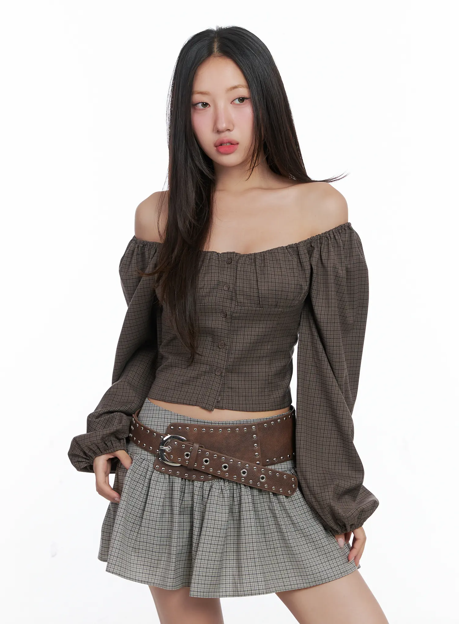 Gingham Button-Up Puff Sleeve Blouse CS503 - Image 11
