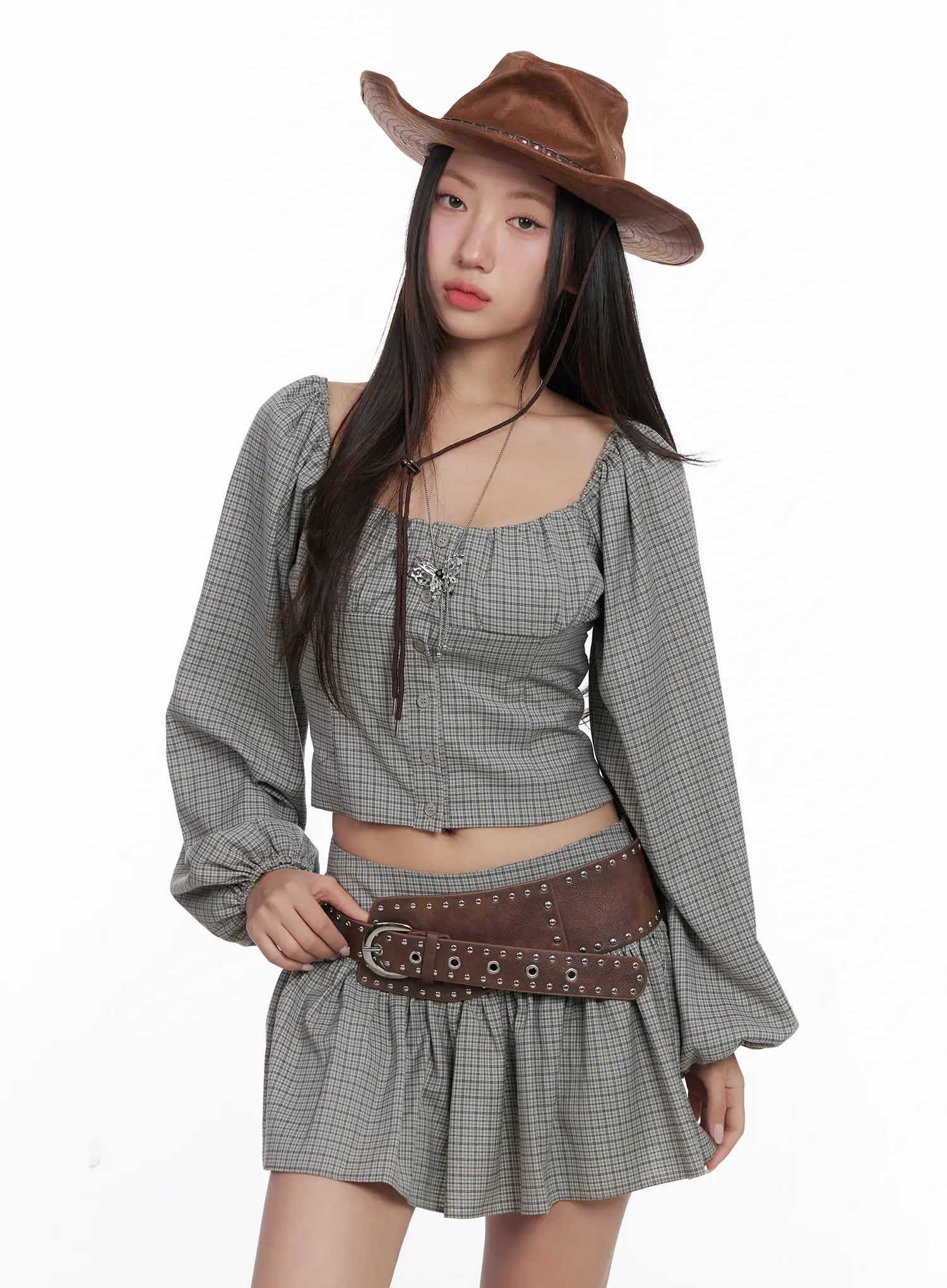 Gingham Button-Up Puff Sleeve Blouse CS503 - Image 4