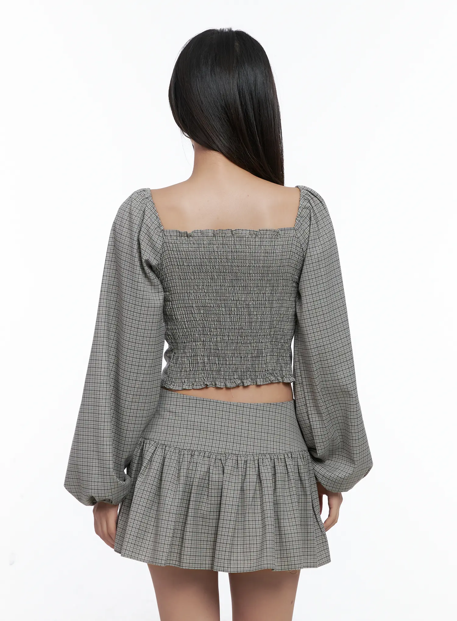 Gingham Button-Up Puff Sleeve Blouse CS503 - Image 9
