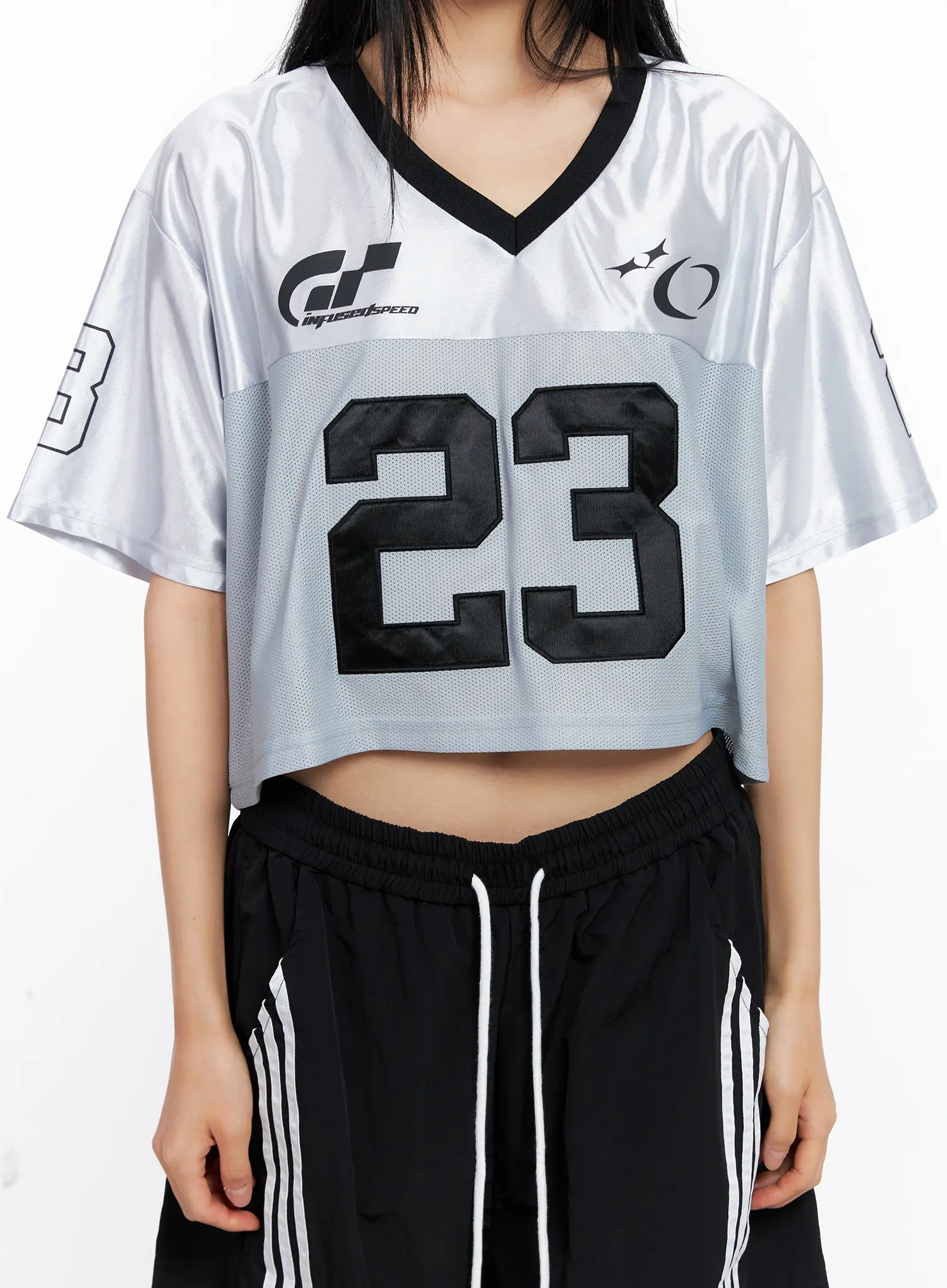 Glossy V-Neck Cropped Jersey CL529 - Image 10