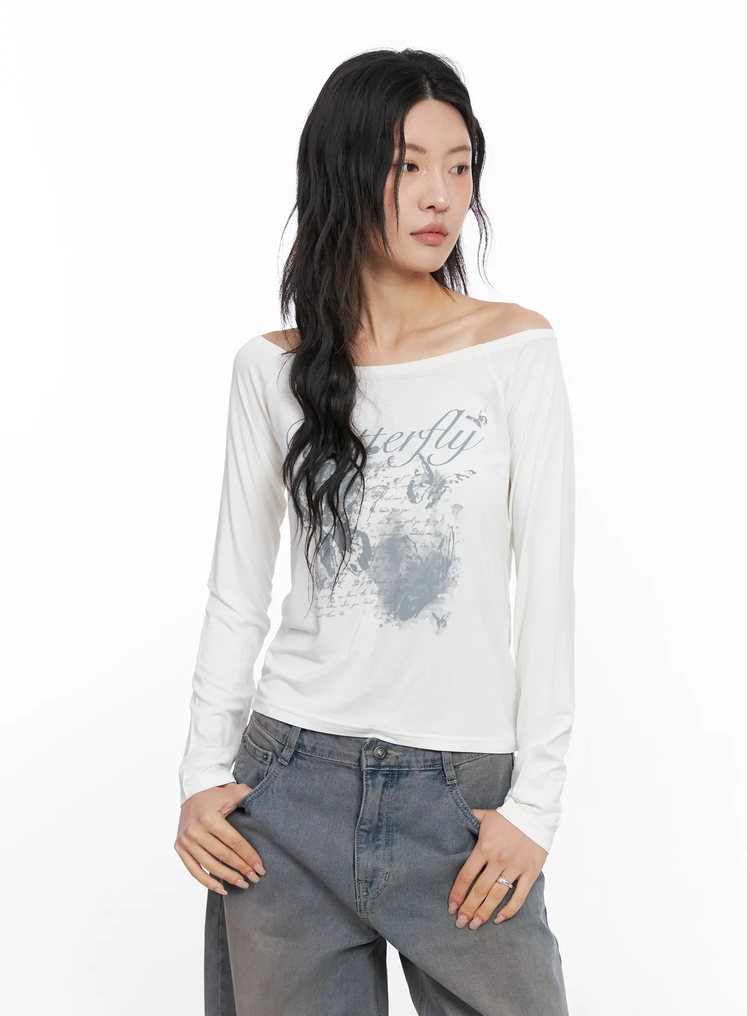 Graphic Off-Shoulder Long Sleeve Tee CC1809 - Image 4