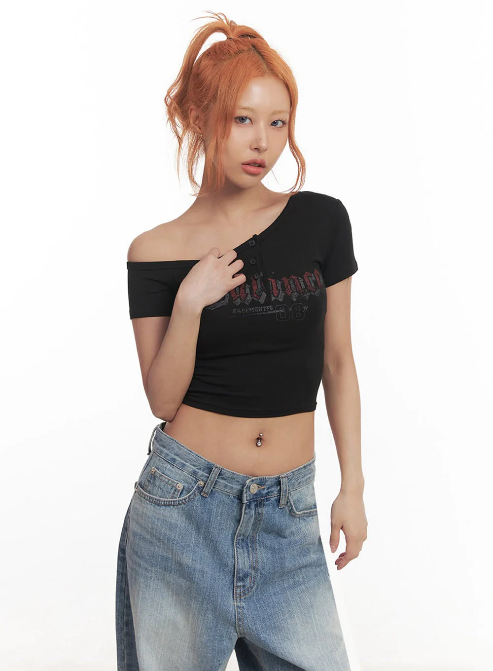 Graphic One-Shoulder Crop Top IA517 - Image 14